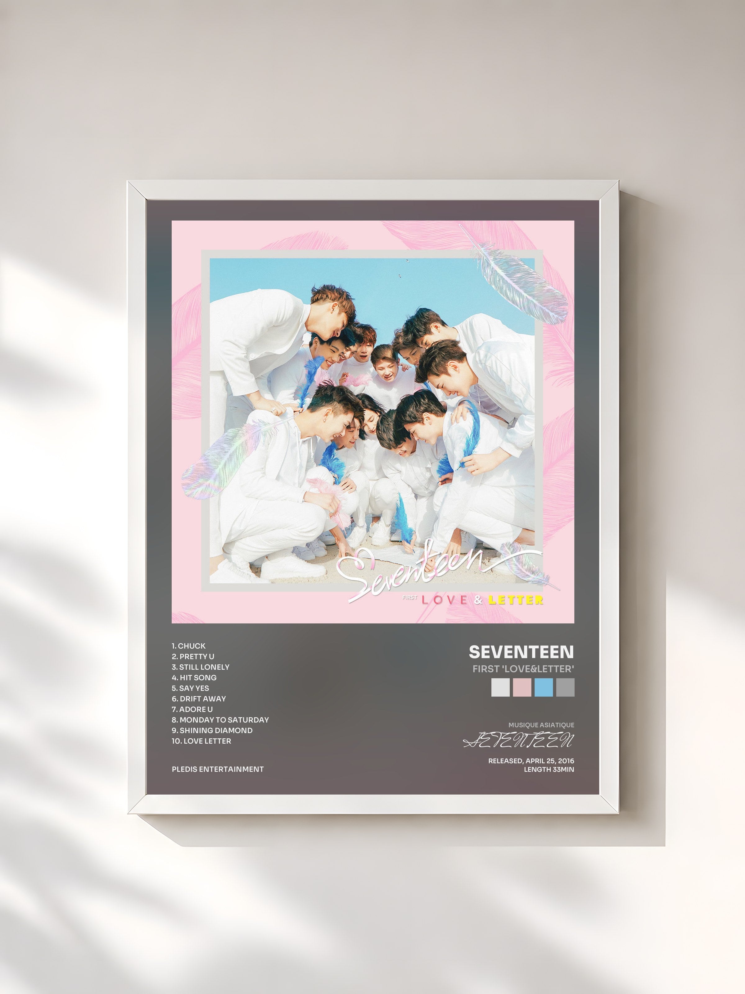 #blanc Tableau de l'album FIRST 'LOVE&LETTER' de SEVENTEEN, cadre blanc, imprimé et encadré en France