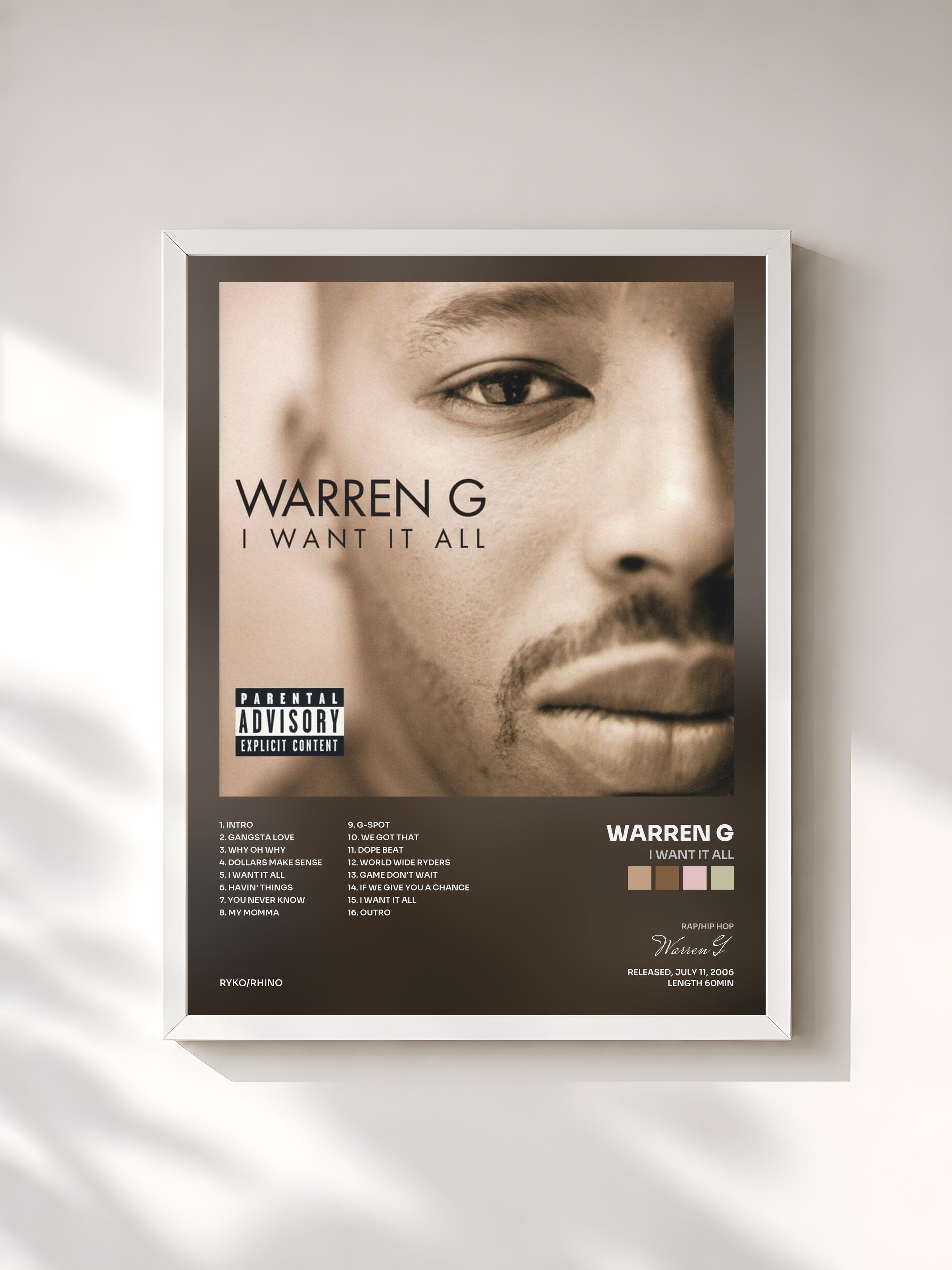 #blanc Tableau de l'album I Want It All de Warren G, cadre blanc, imprimé et encadré en France
