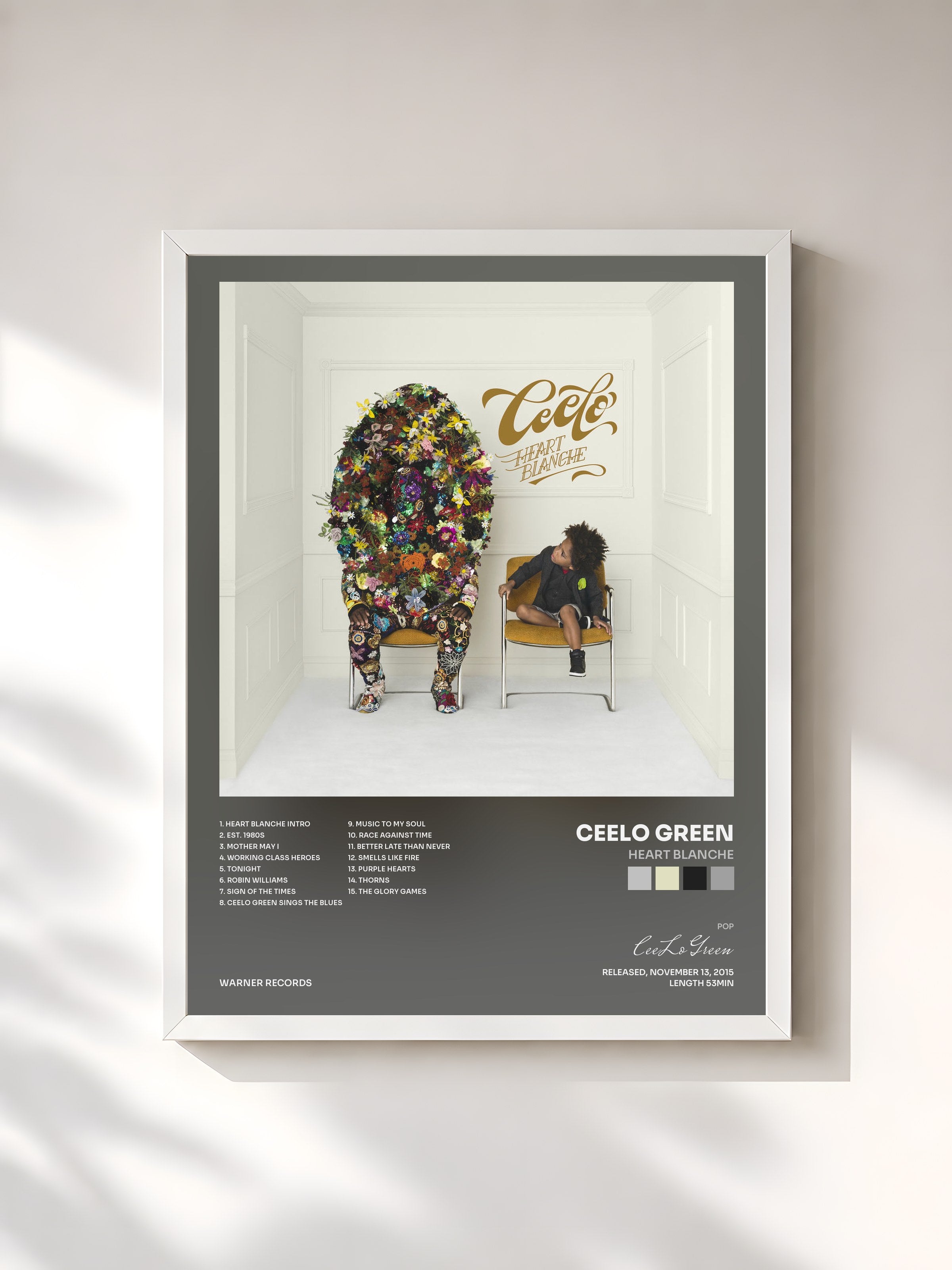 #blanc Tableau de l'album Heart Blanche de CeeLo Green, cadre blanc, imprimé et encadré en France