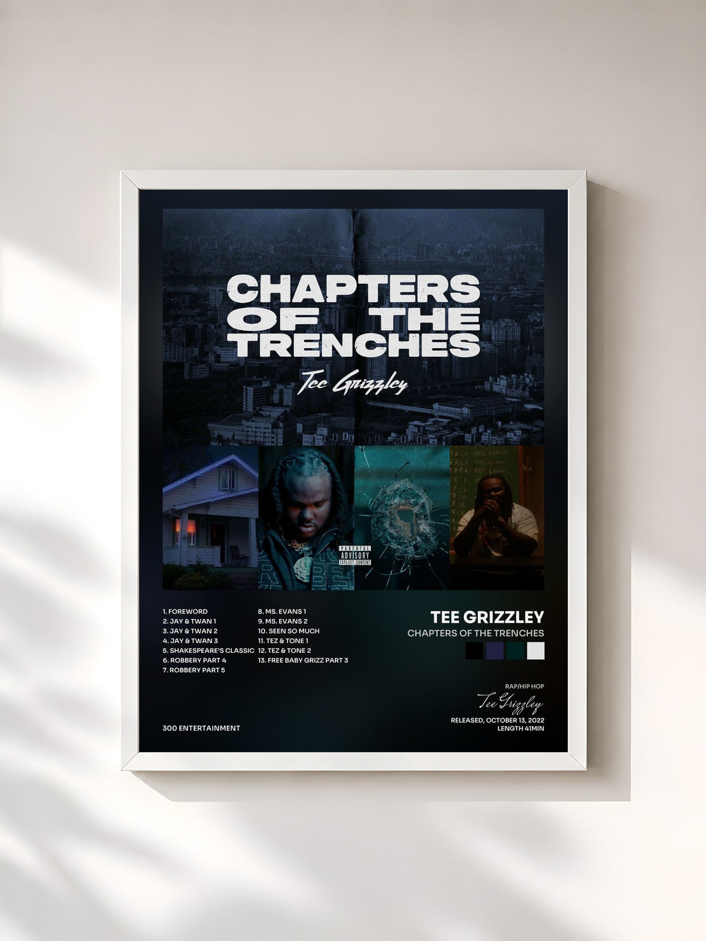 #blanc Tableau de l'album Chapters Of The Trenches de Tee Grizzley, cadre blanc, imprimé et encadré en France