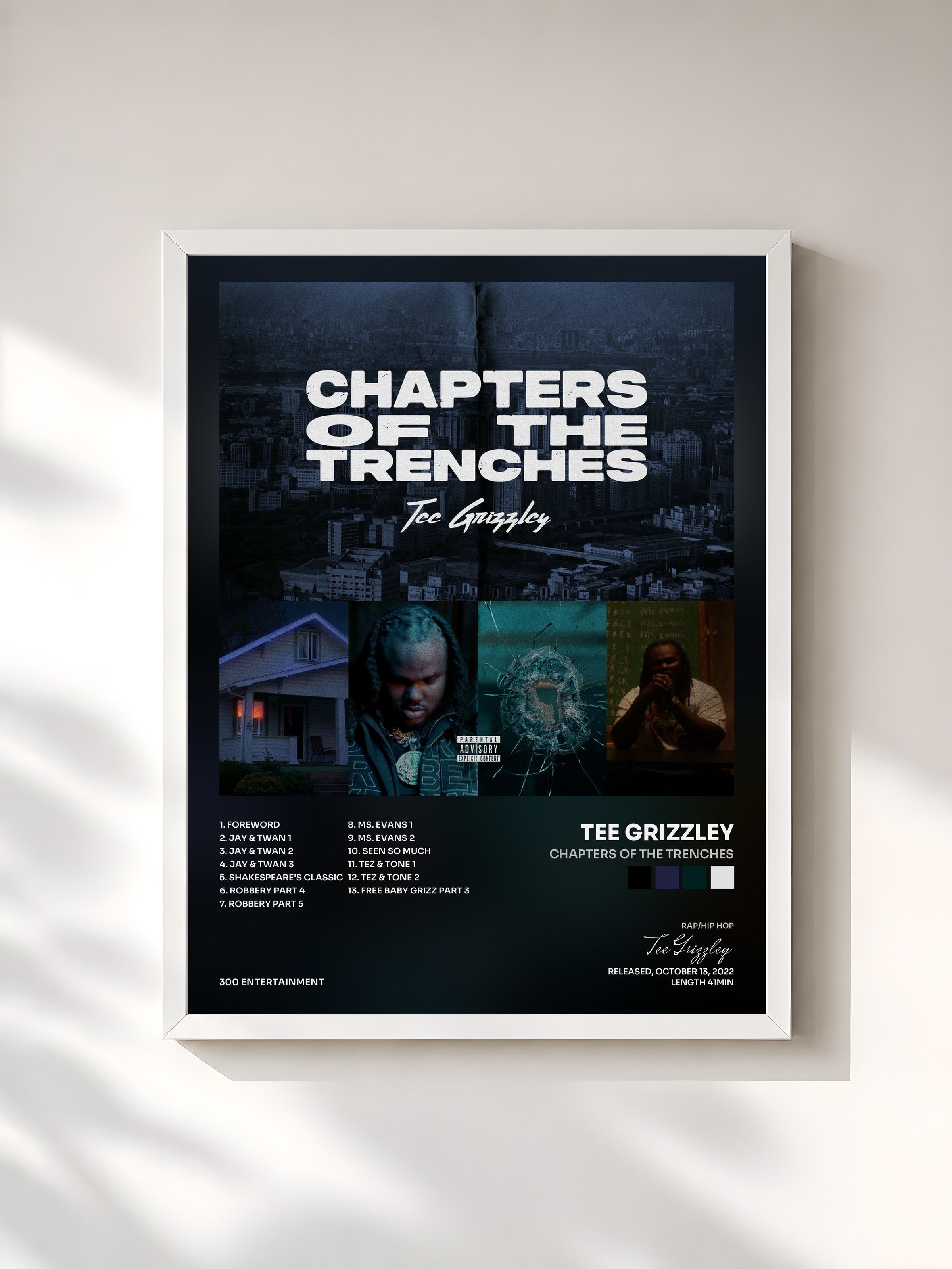 #blanc Tableau de l'album Chapters Of The Trenches de Tee Grizzley, cadre blanc, imprimé et encadré en France