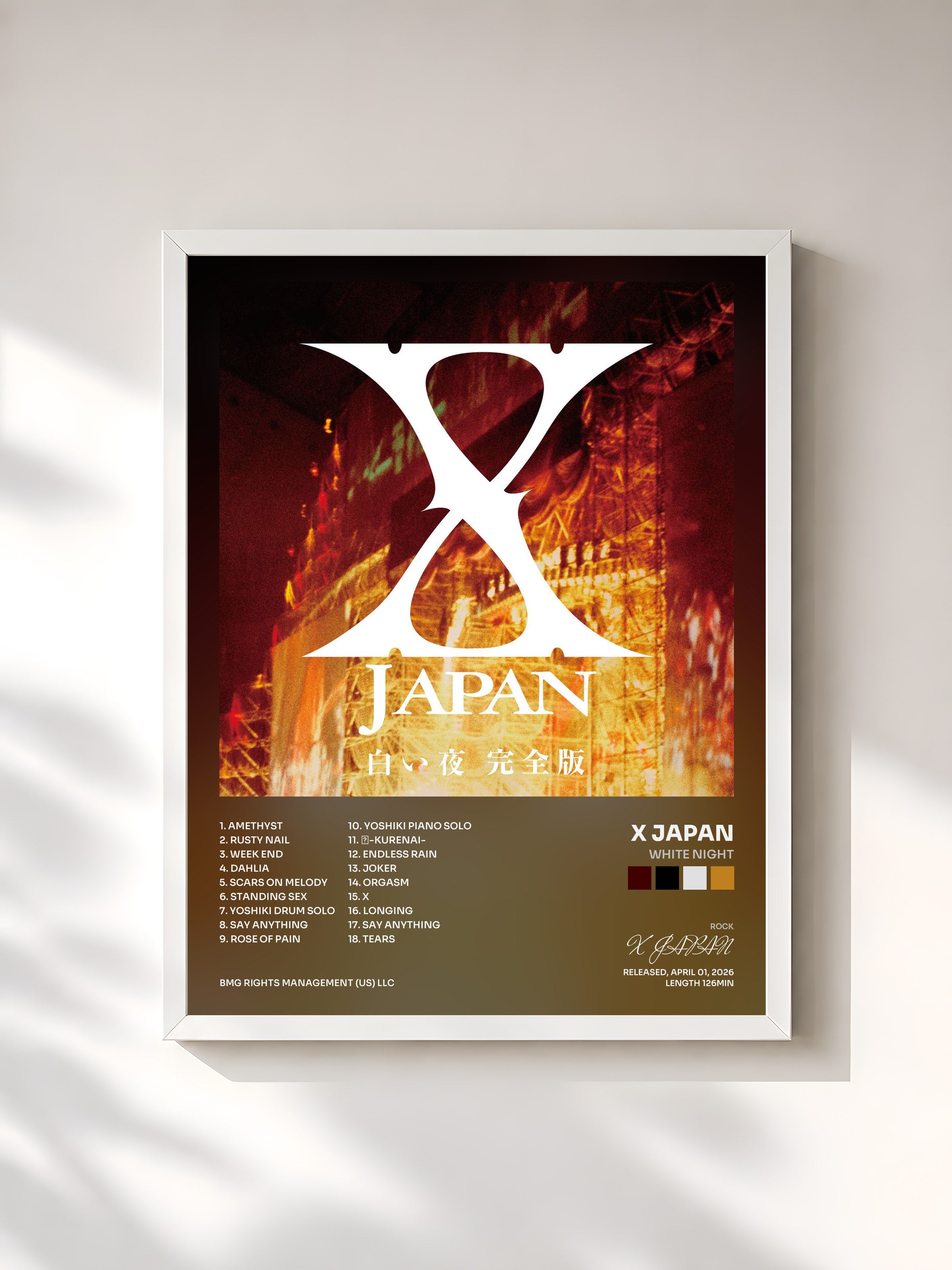 #blanc Tableau de l'album White Night de X JAPAN, cadre blanc, imprimé et encadré en France