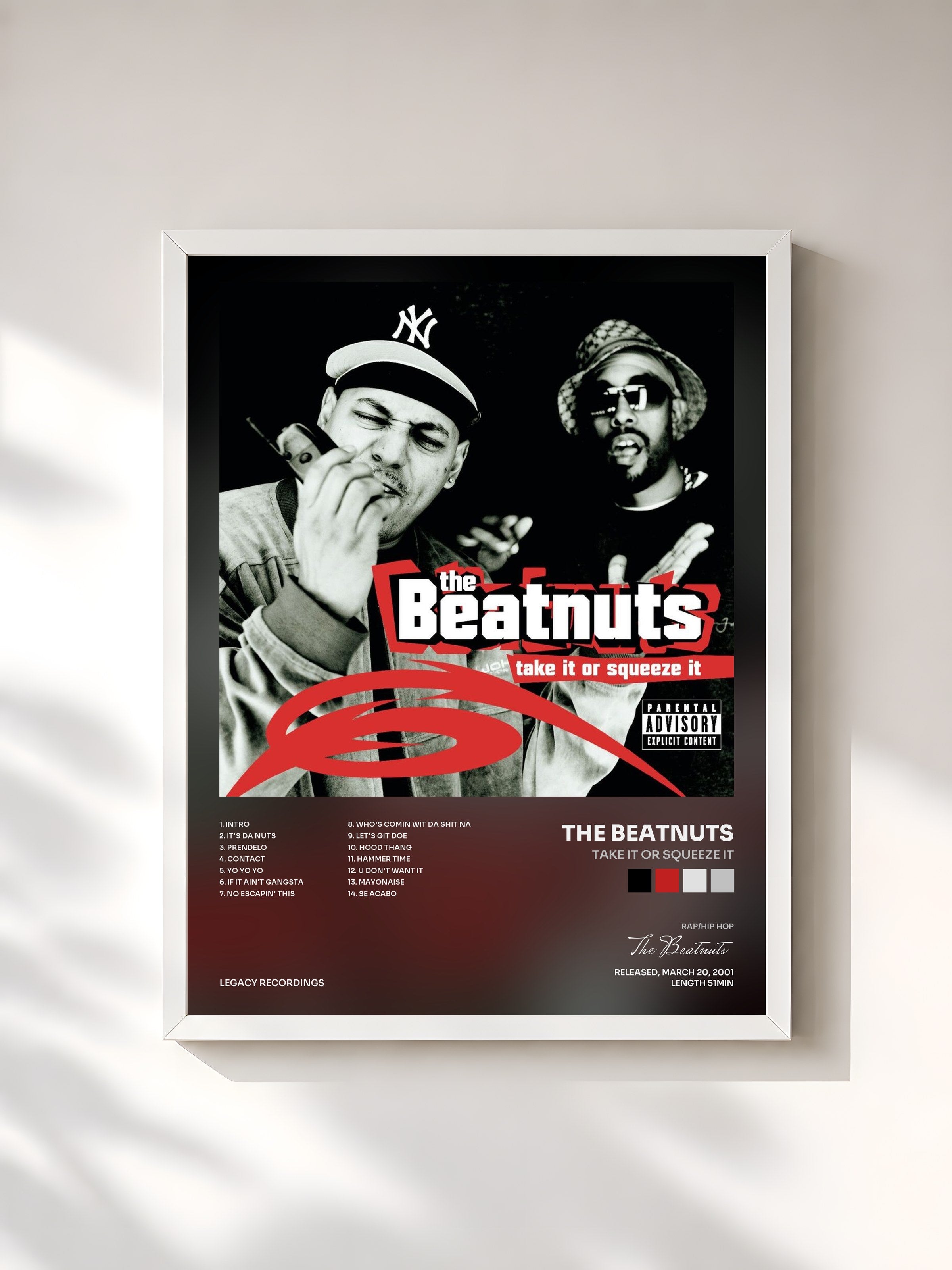 #blanc Tableau de l'album Take It Or Squeeze It de The Beatnuts, cadre blanc, imprimé et encadré en France