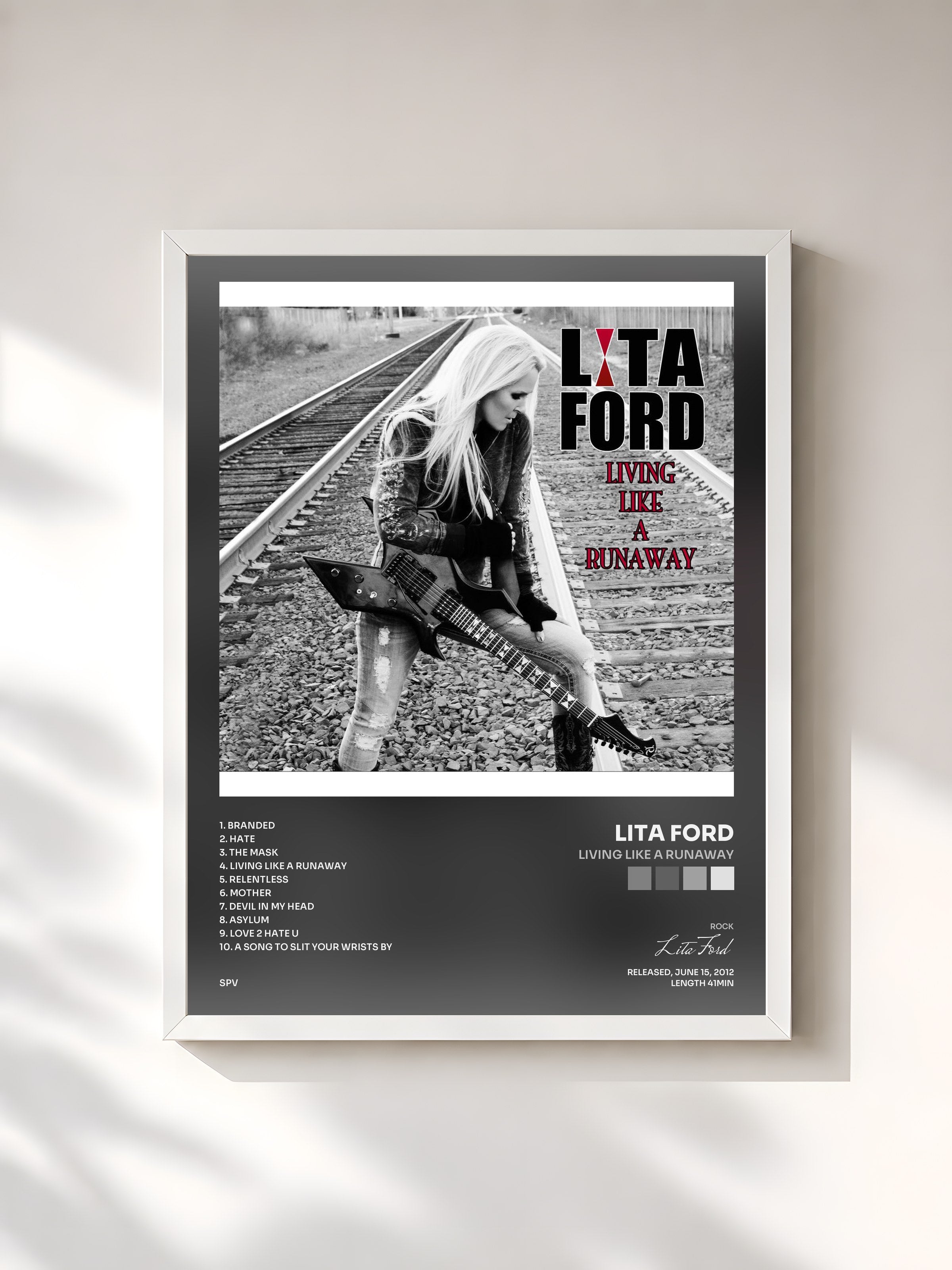 #blanc Tableau de l'album Living Like a Runaway de Lita Ford, cadre blanc, imprimé et encadré en France