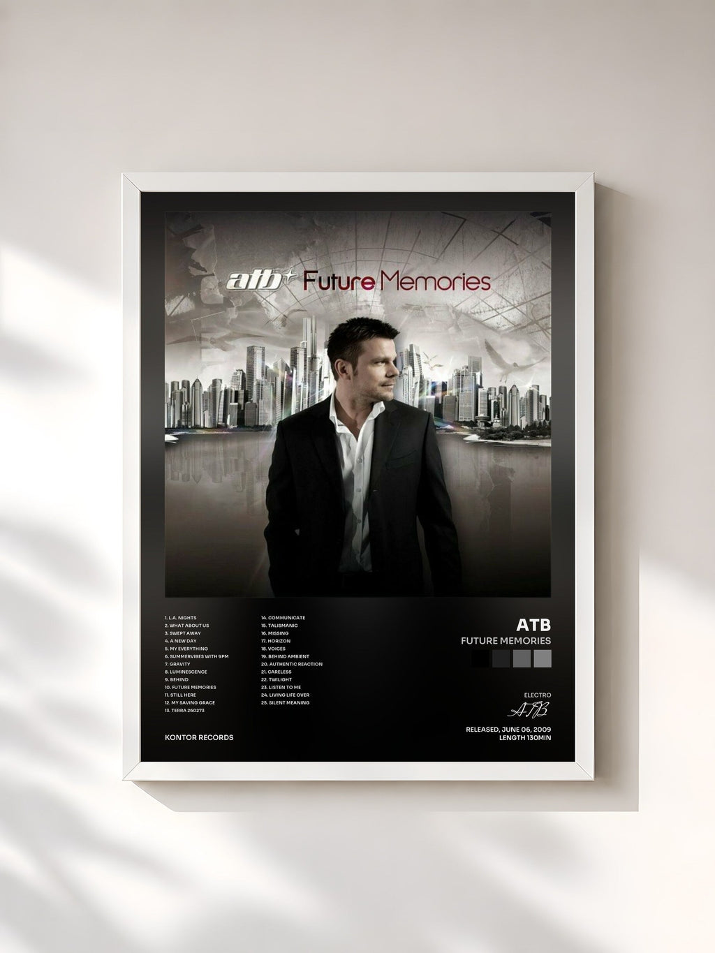 #blanc Tableau de l'album Future Memories de ATB, cadre blanc, imprimé et encadré en France