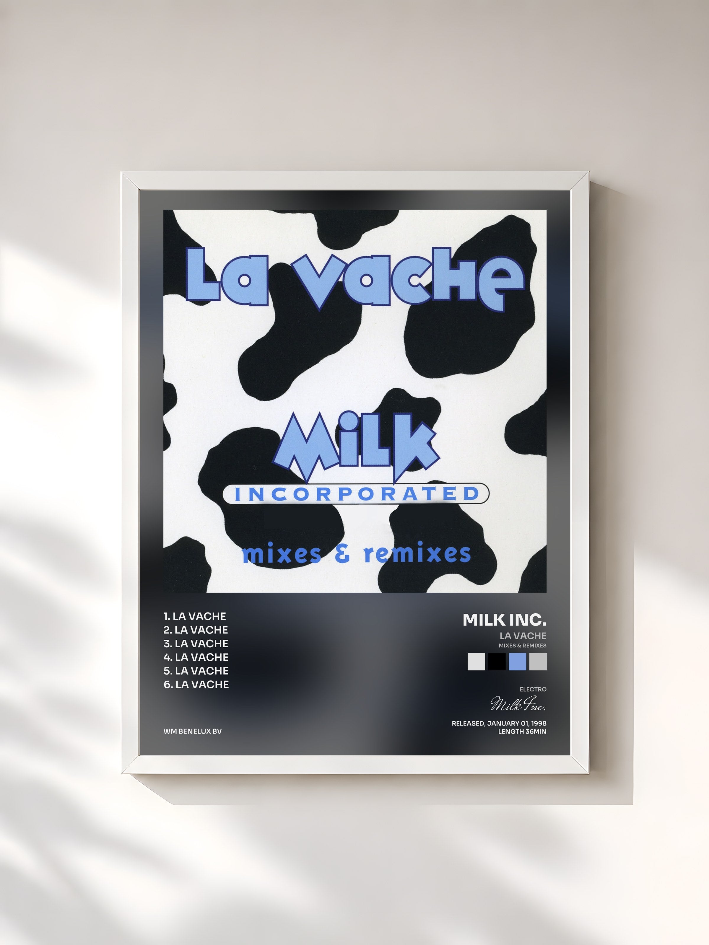 #blanc Tableau de l'album La Vache (Mixes & Remixes) de Milk Inc., cadre blanc, imprimé et encadré en France