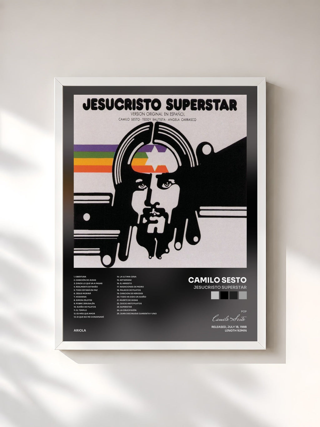 #blanc Jesucristo Superstar by Camilo Sesto as a framed art print, white frame, printed and framed in France