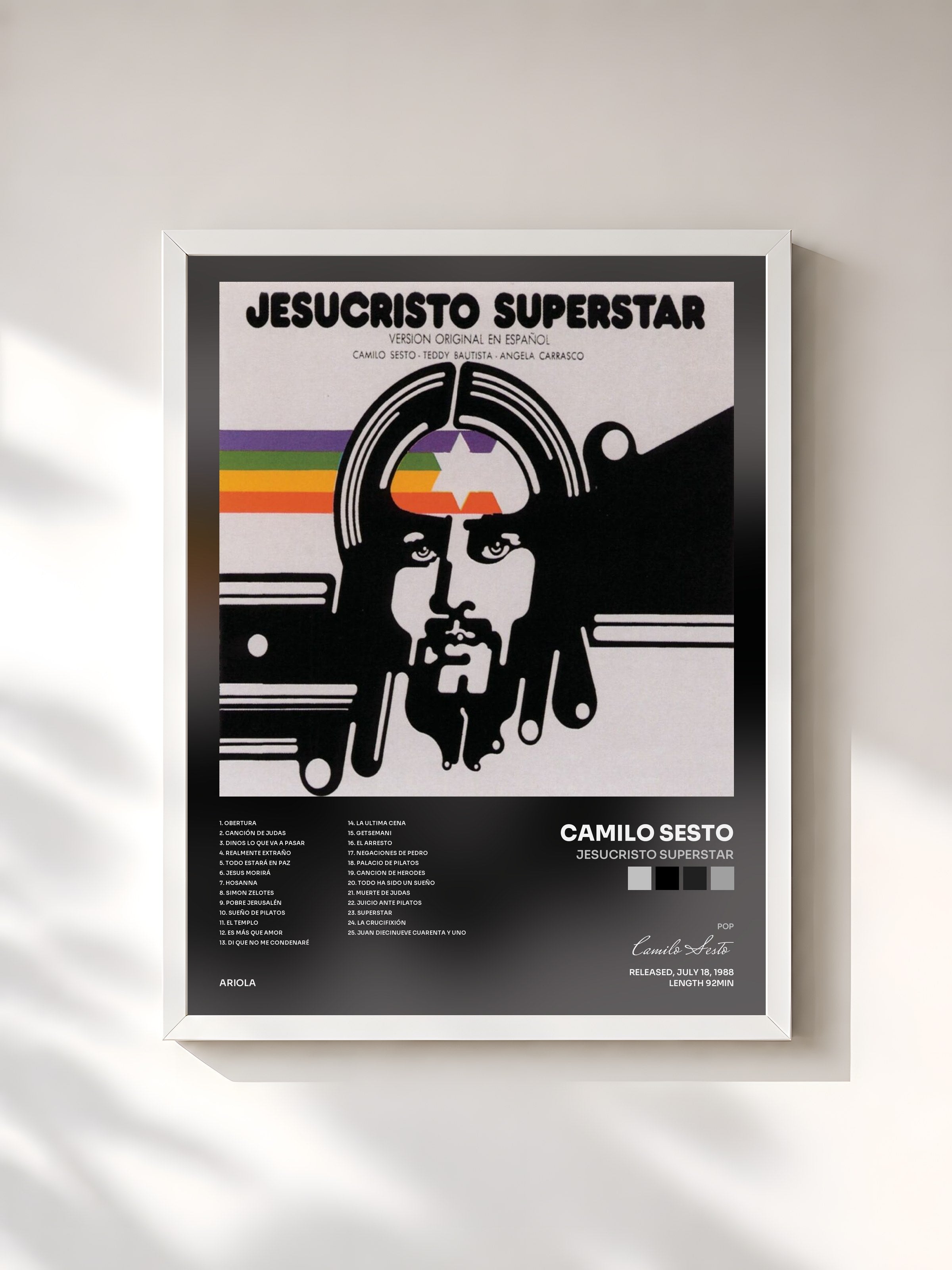 #blanc Tableau de l'album Jesucristo Superstar de Camilo Sesto, cadre blanc, imprimé et encadré en France