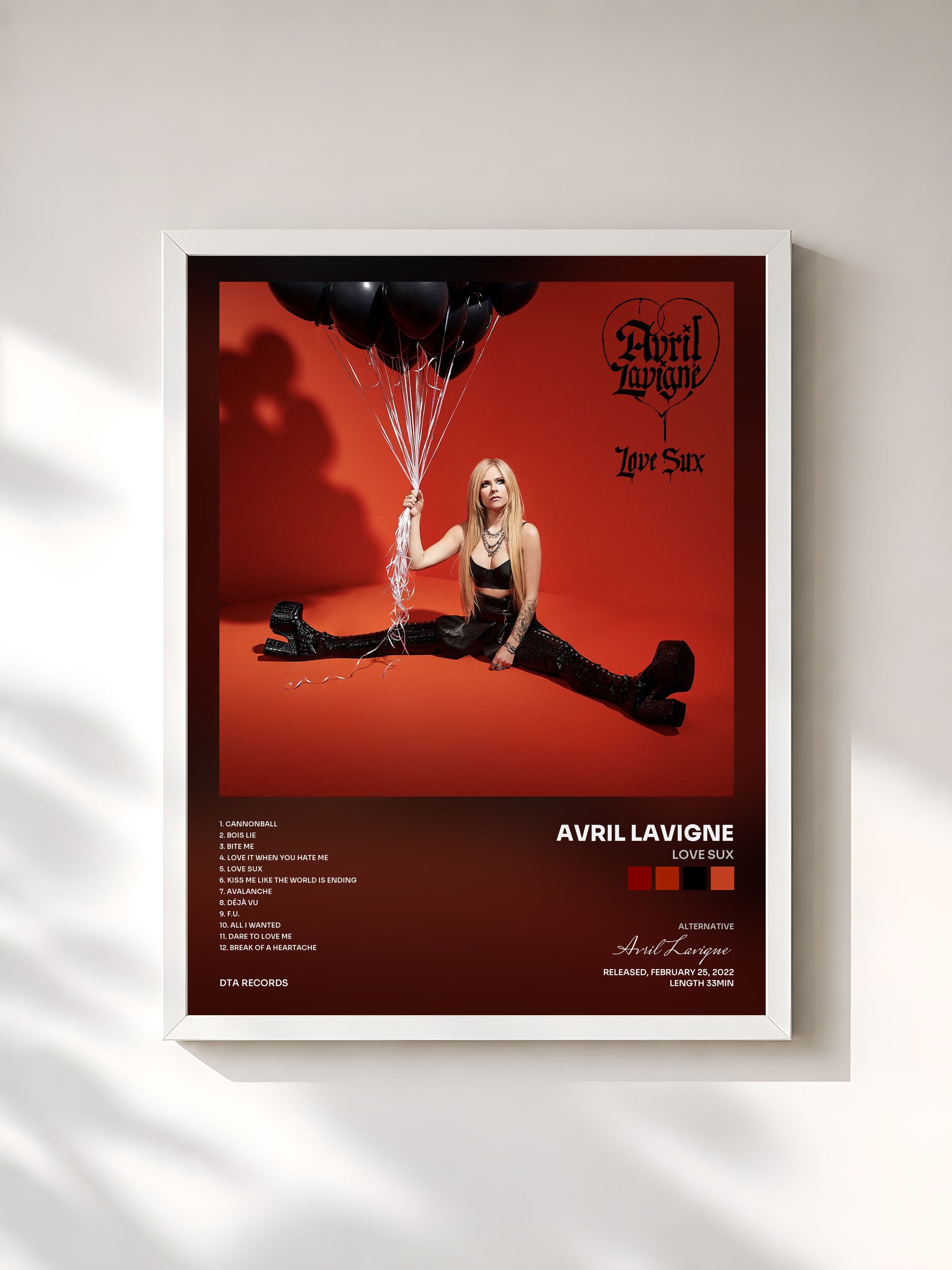 #blanc Tableau de l'album Love Sux de Avril Lavigne, cadre blanc, imprimé et encadré en France