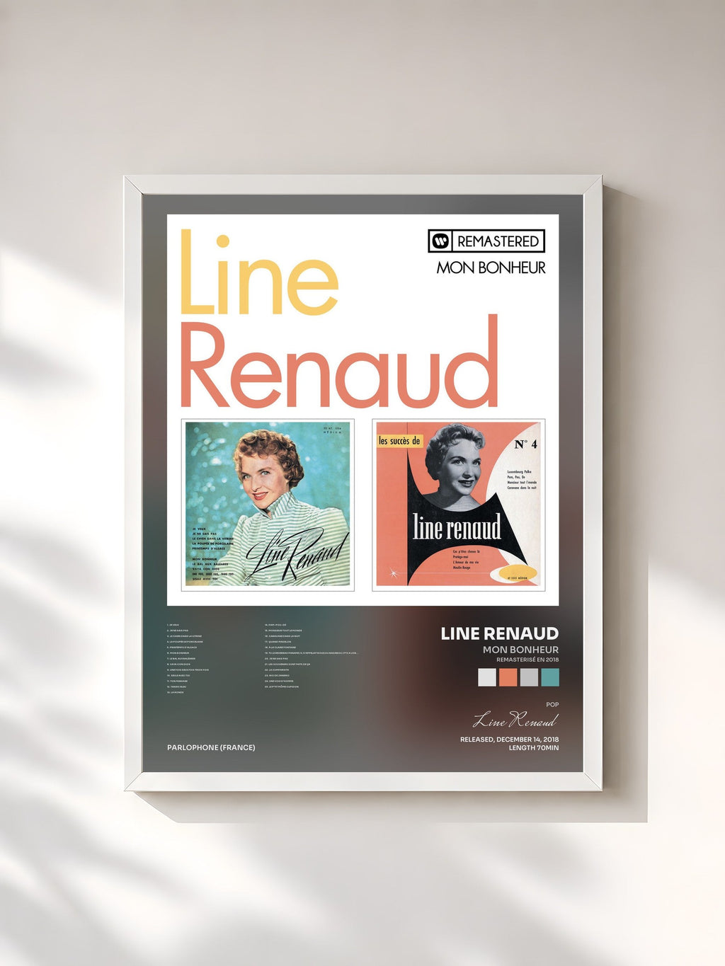 #blanc Tableau de l'album Mon Bonheur (Remasterisé en 2018) de Line Renaud, cadre blanc, imprimé et encadré en France