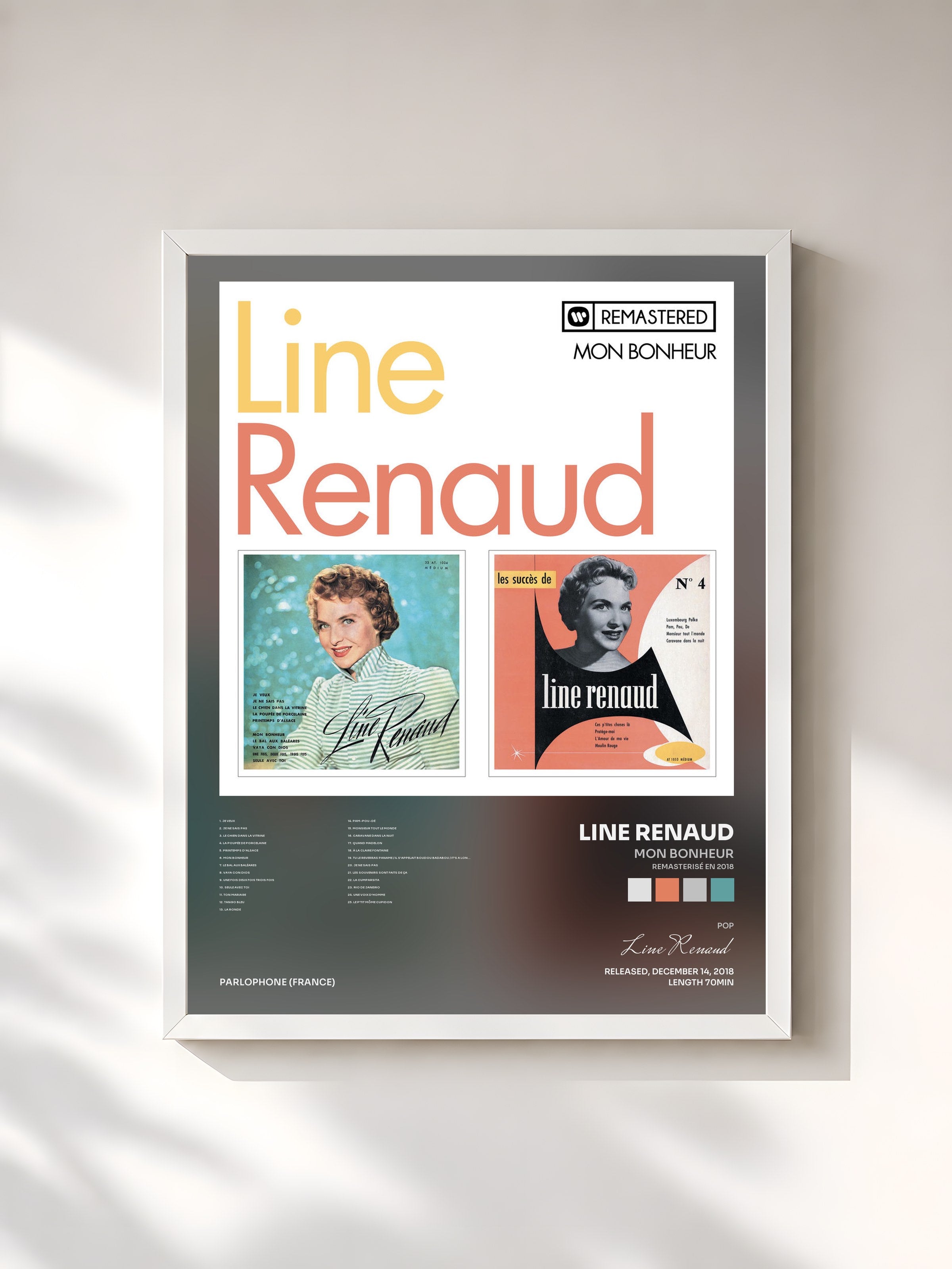 #blanc Tableau de l'album Mon Bonheur (Remasterisé en 2018) de Line Renaud, cadre blanc, imprimé et encadré en France
