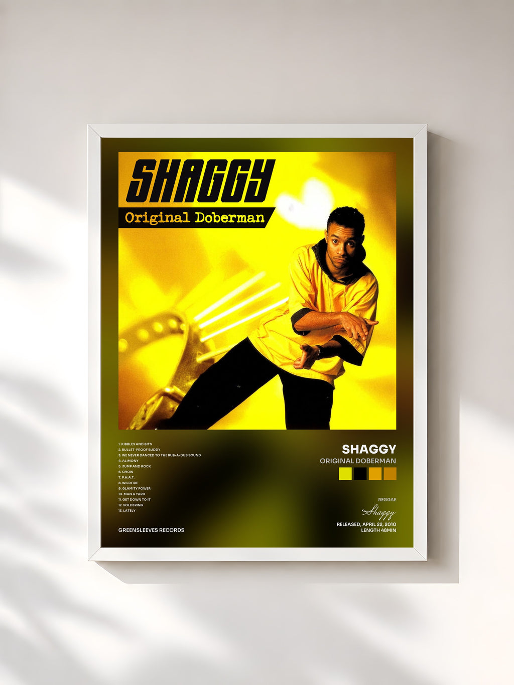 #blanc Tableau de l'album Original Doberman de Shaggy, cadre blanc, imprimé et encadré en France
