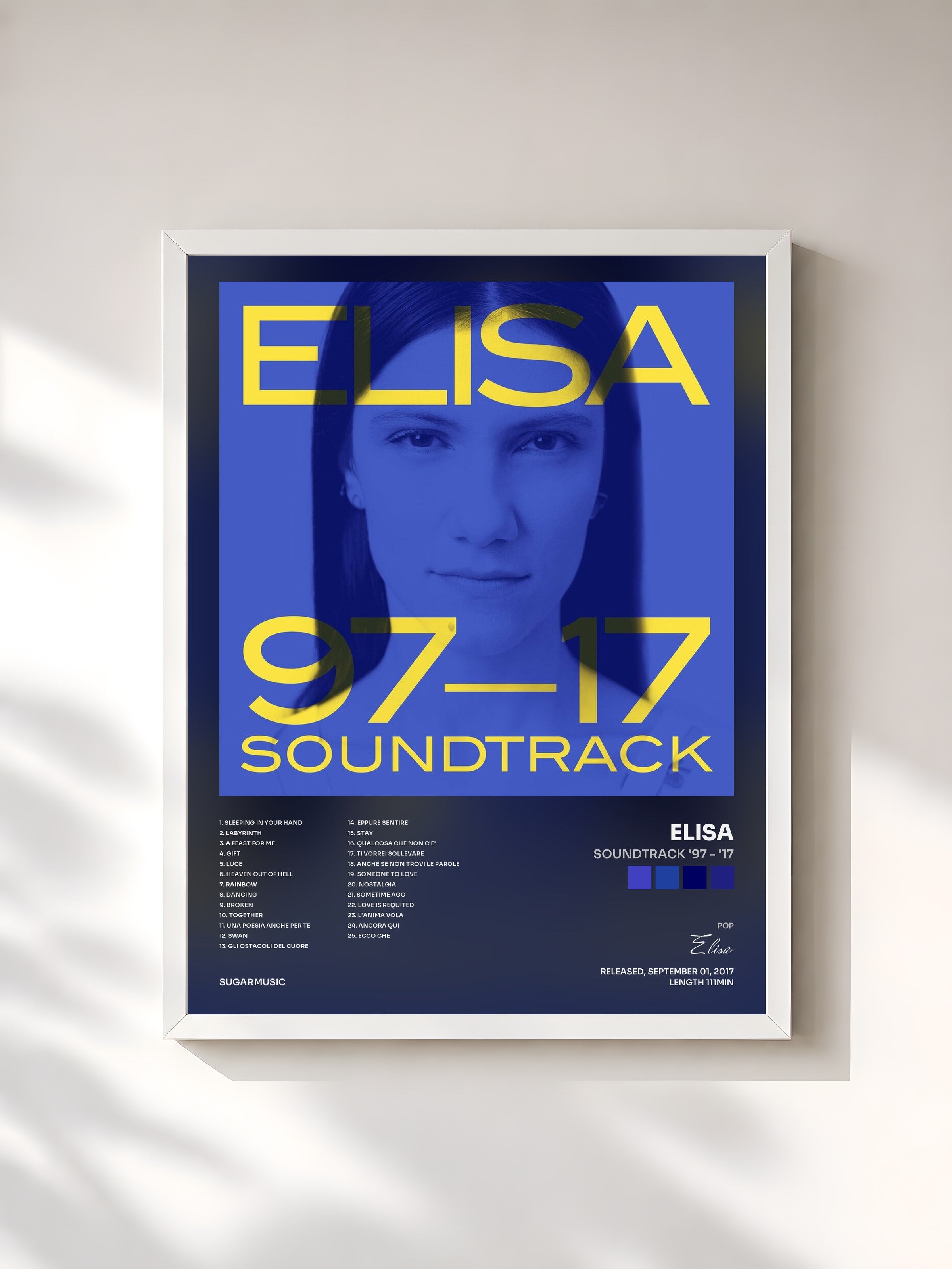 #blanc Tableau de l'album Soundtrack '97 - '17 de Elisa, cadre blanc, imprimé et encadré en France