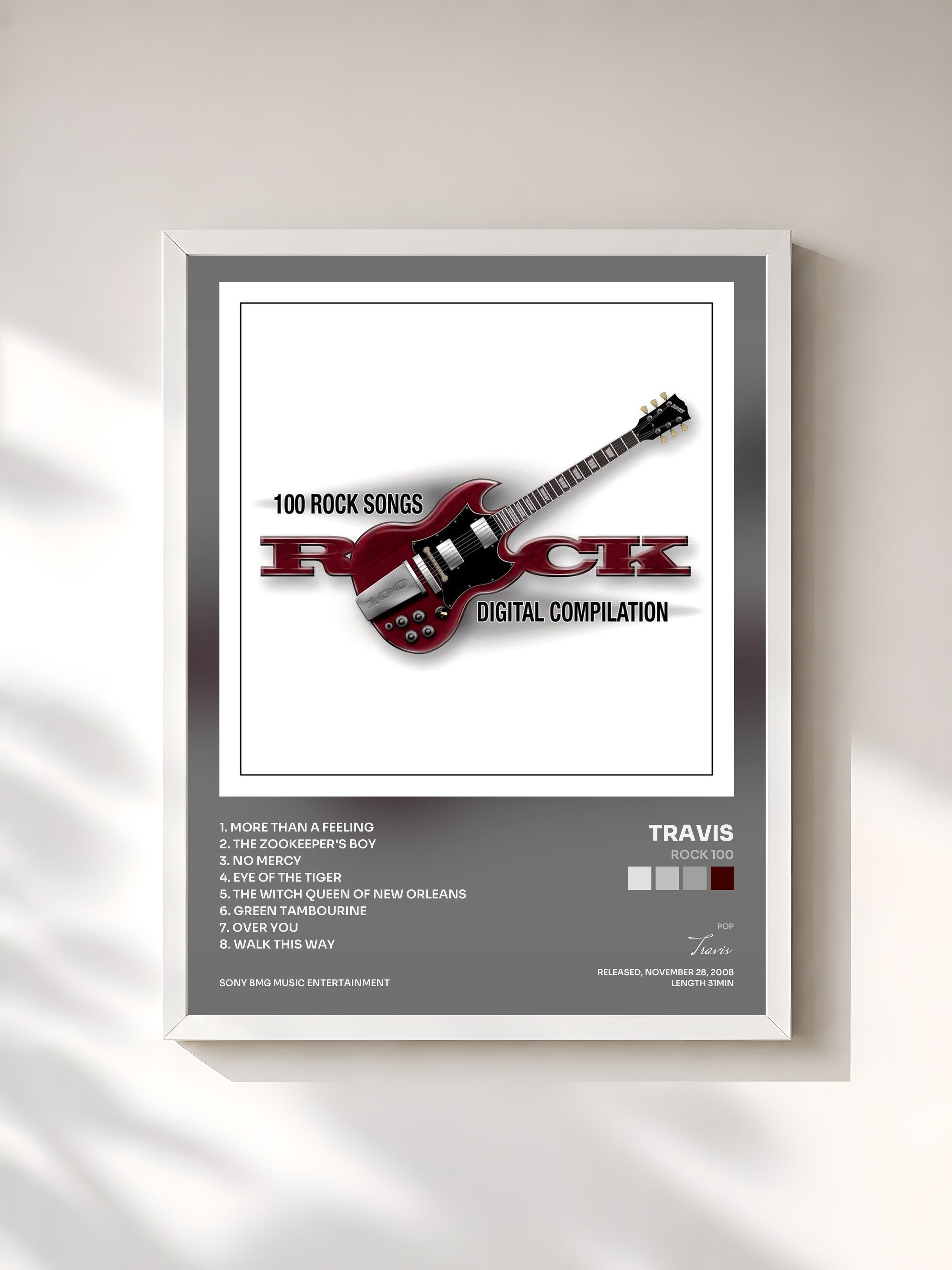 #blanc Tableau de l'album Rock 100 de Travis, cadre blanc, imprimé et encadré en France