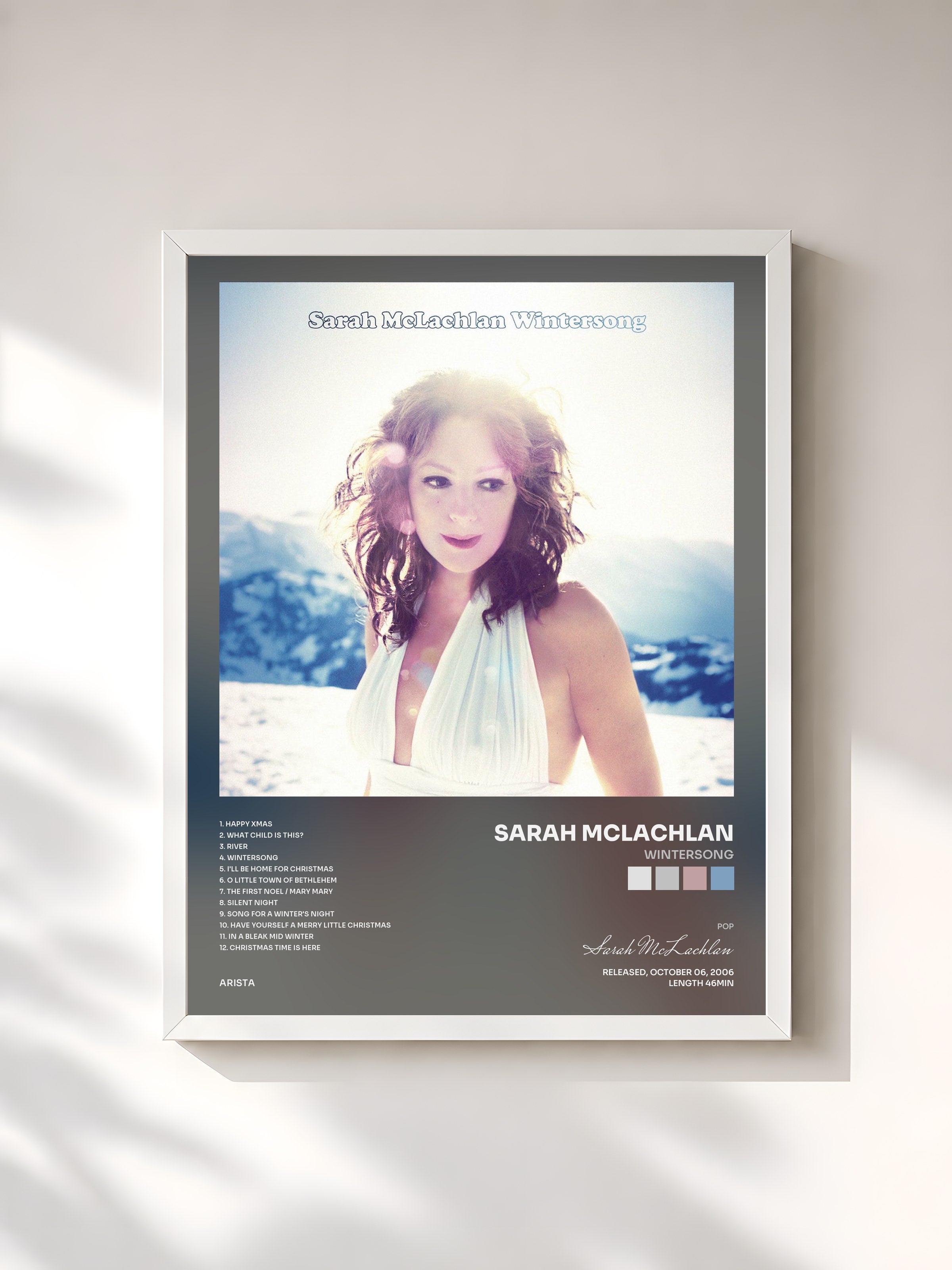 #blanc Tableau de l'album Wintersong de Sarah McLachlan, cadre blanc, imprimé et encadré en France