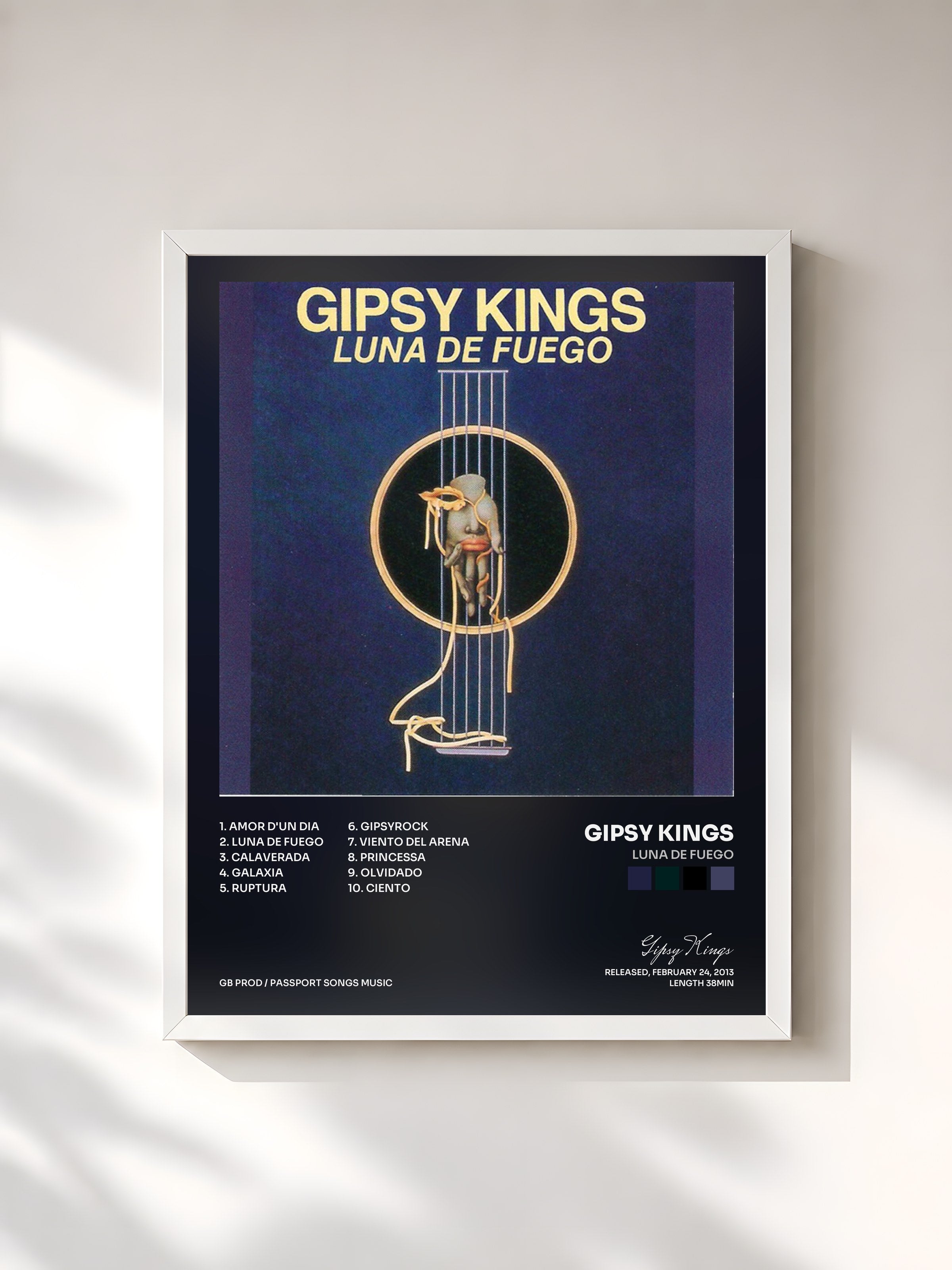 #blanc Tableau de l'album Luna de Fuego de Gipsy Kings, cadre blanc, imprimé et encadré en France