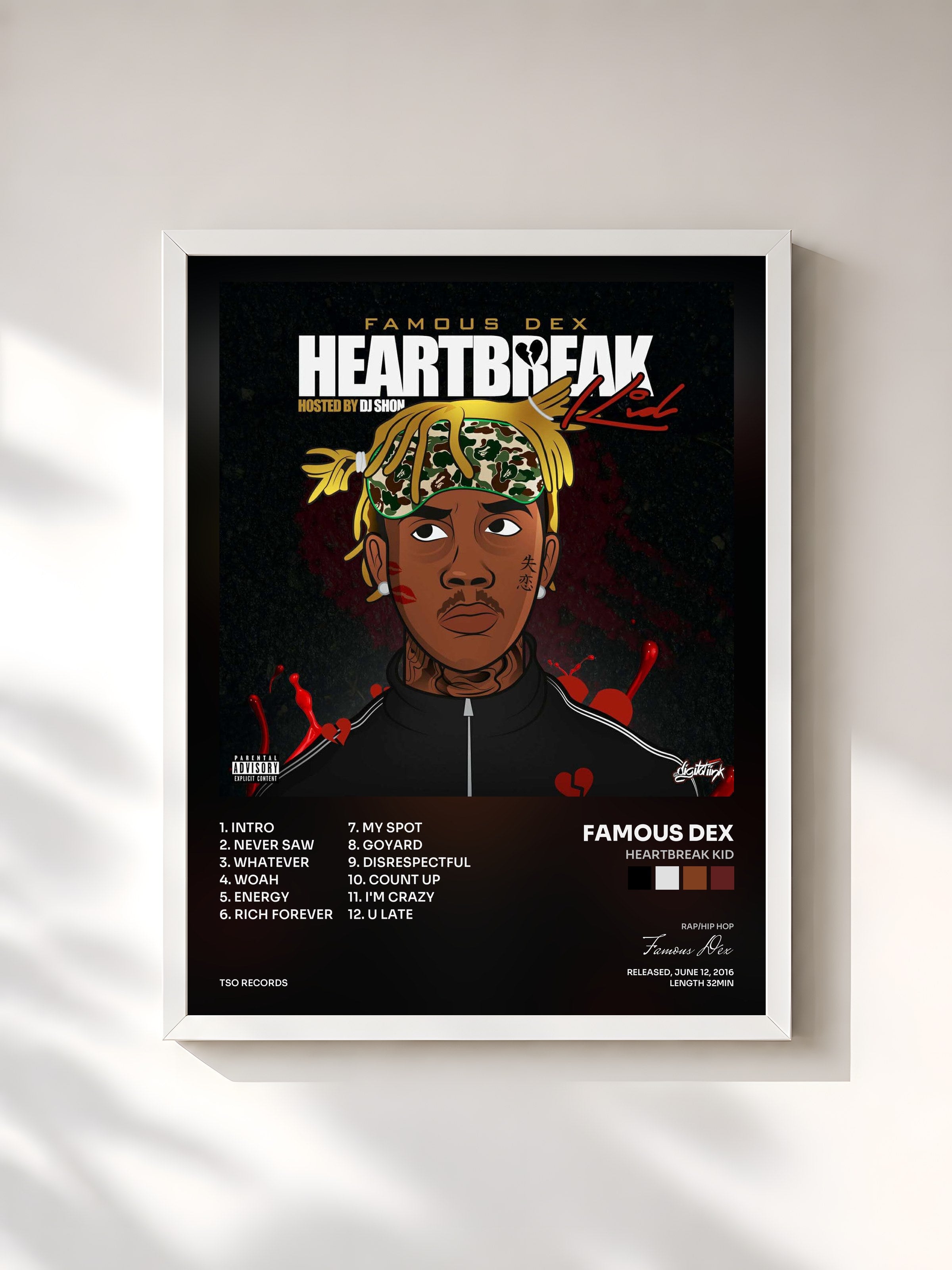 #blanc Tableau de l'album Heartbreak Kid de Famous Dex, cadre blanc, imprimé et encadré en France
