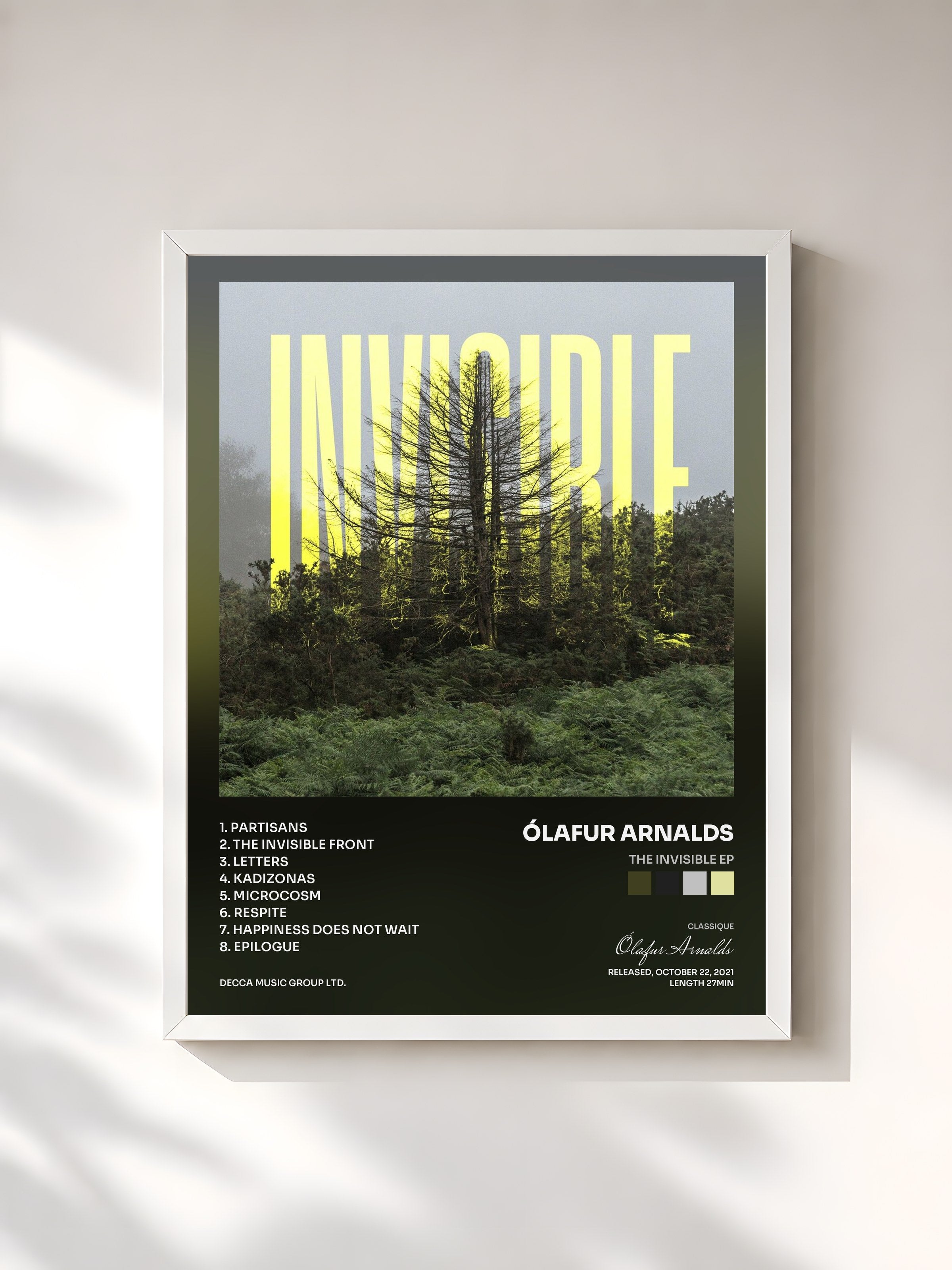 #blanc Tableau de l'album The Invisible EP de Ólafur Arnalds, cadre blanc, imprimé et encadré en France