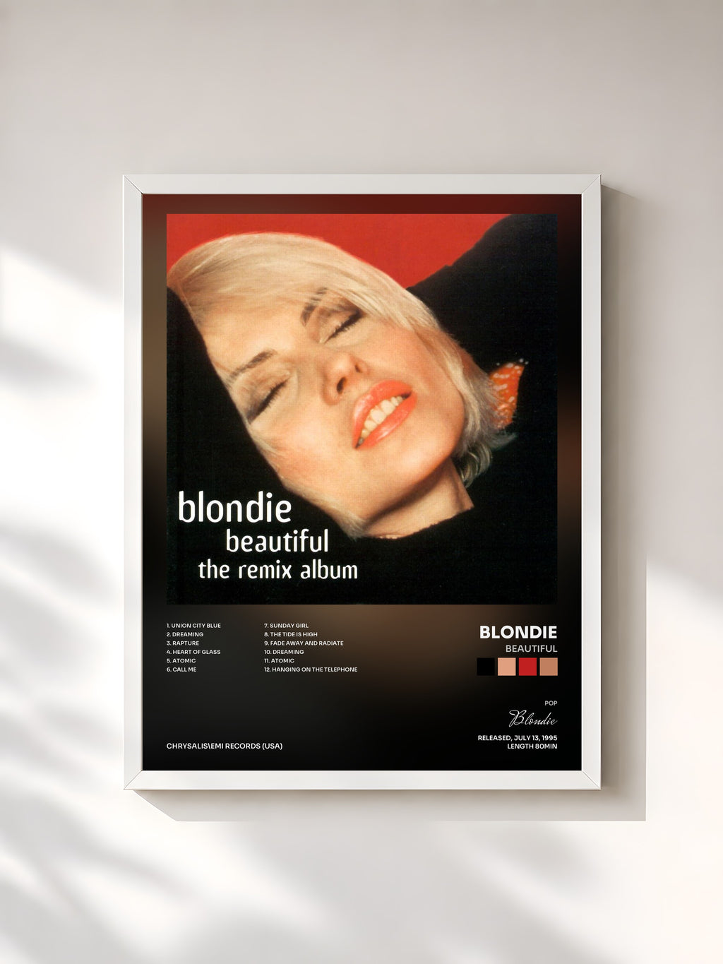 #blanc Tableau de l'album Beautiful de Blondie, cadre blanc, imprimé et encadré en France