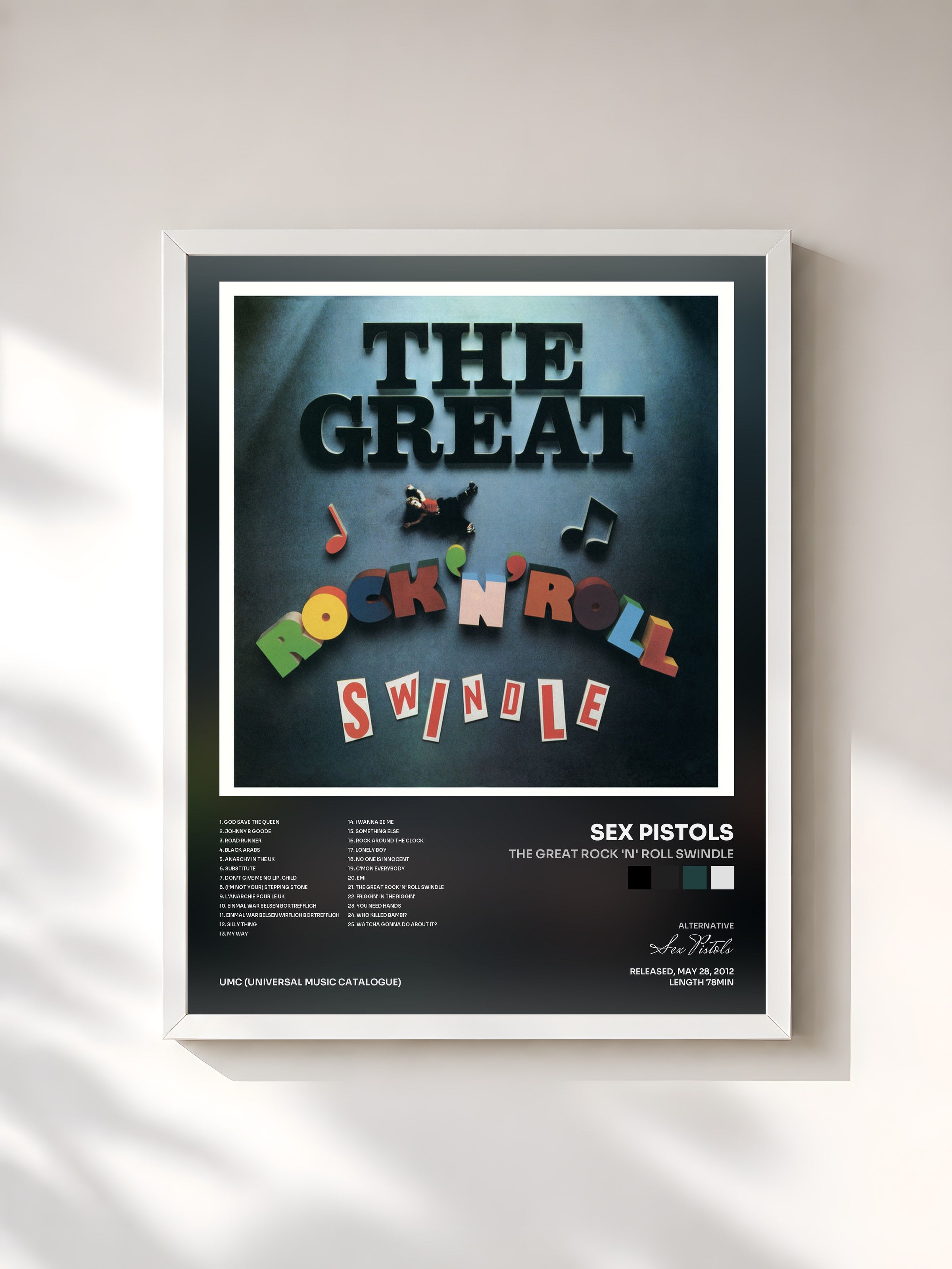 #blanc Tableau de l'album The Great Rock 'N' Roll Swindle de Sex Pistols, cadre blanc, imprimé et encadré en France