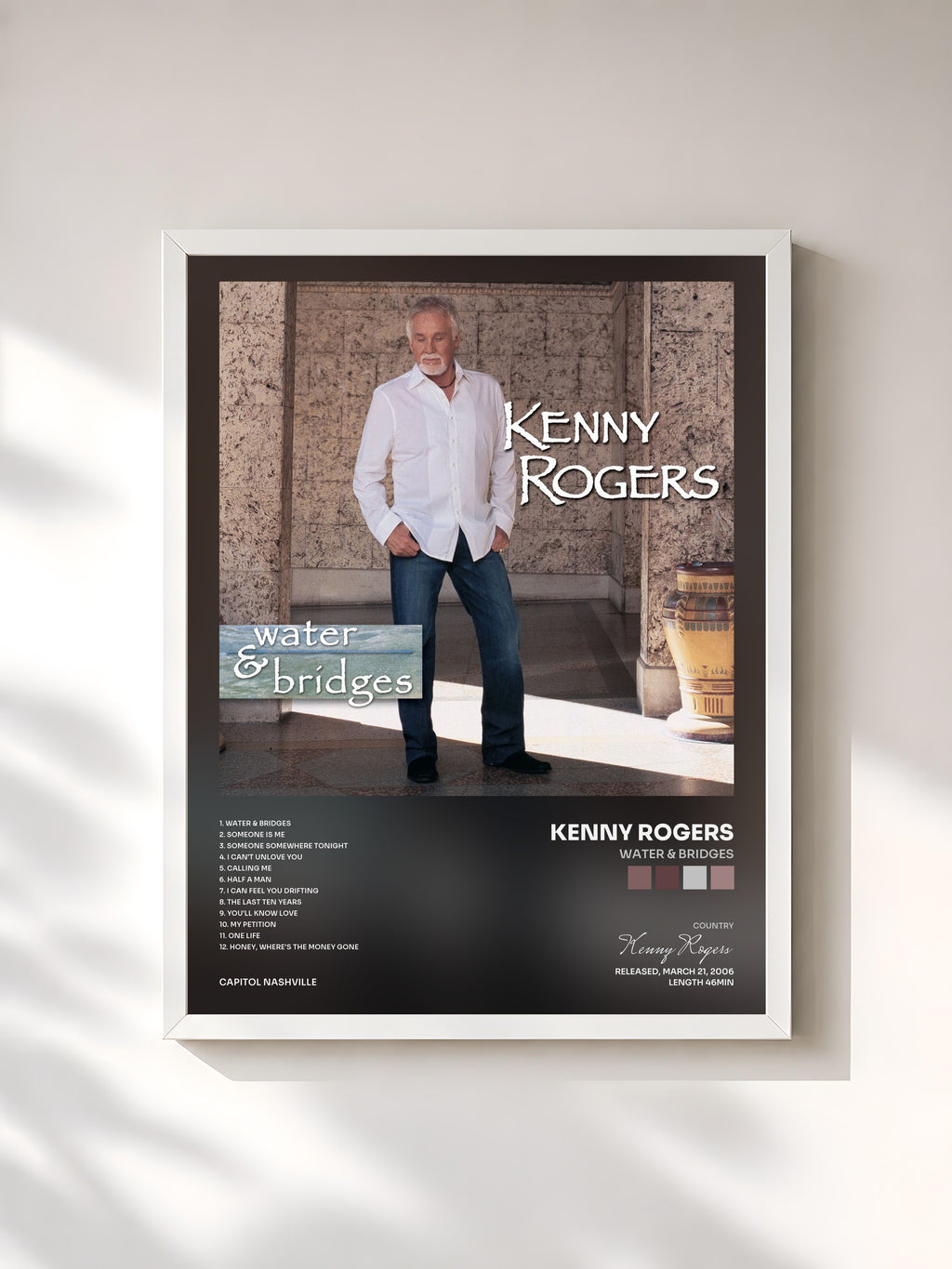 #blanc Tableau de l'album Water & Bridges de Kenny Rogers, cadre blanc, imprimé et encadré en France