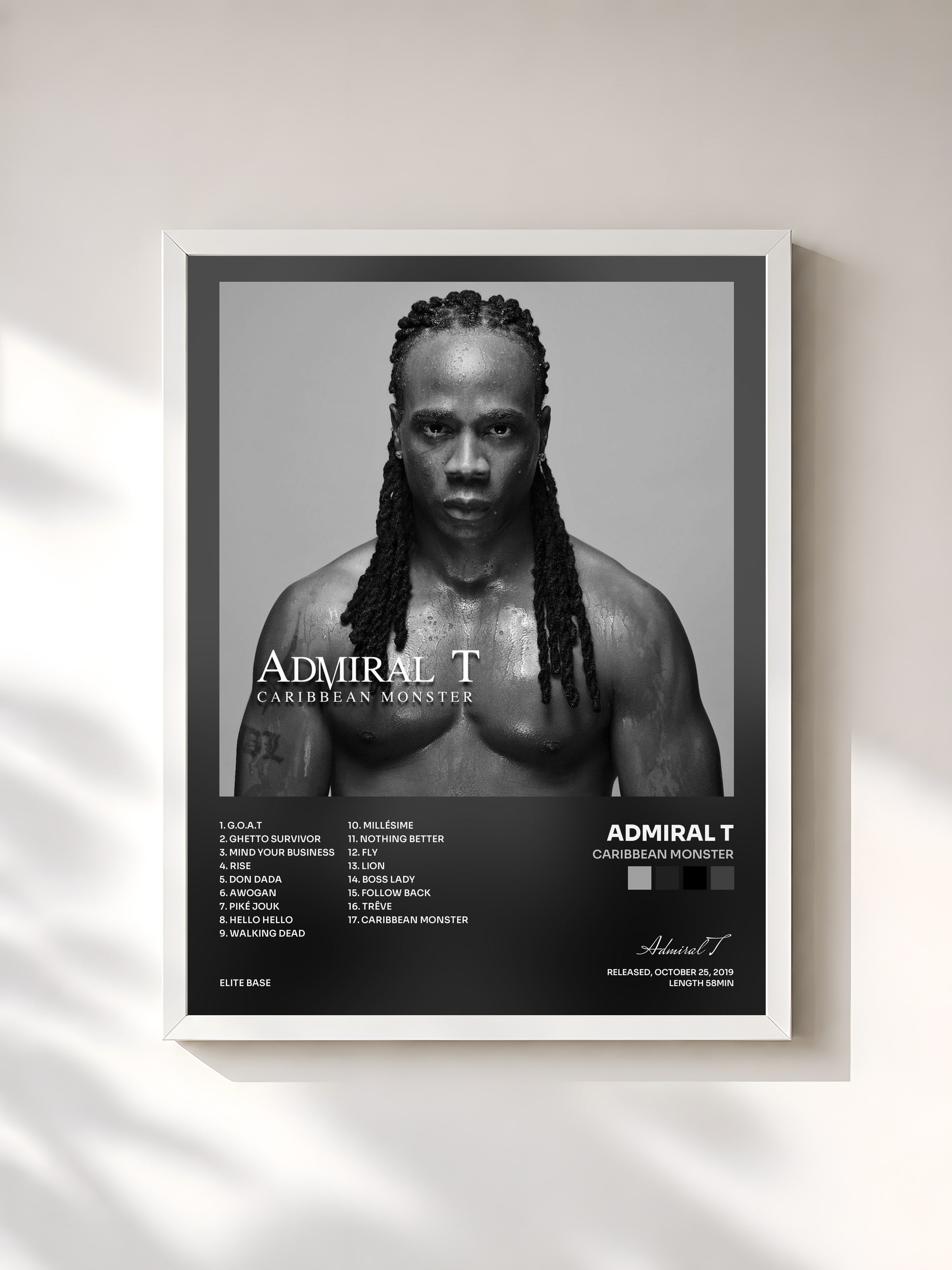 #blanc Tableau de l'album Caribbean Monster de Admiral T, cadre blanc, imprimé et encadré en France