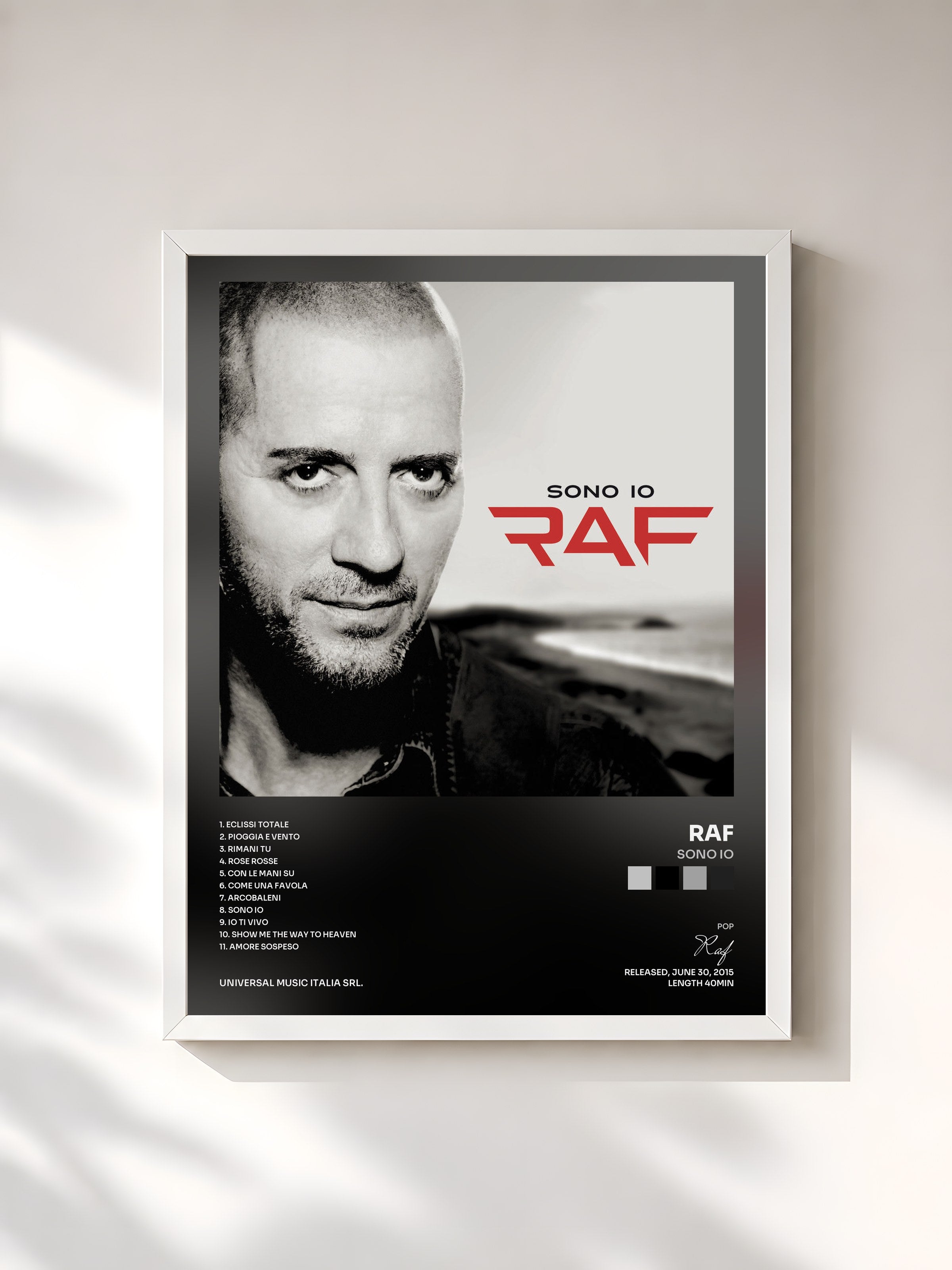 #blanc Tableau de l'album Sono Io de Raf, cadre blanc, imprimé et encadré en France