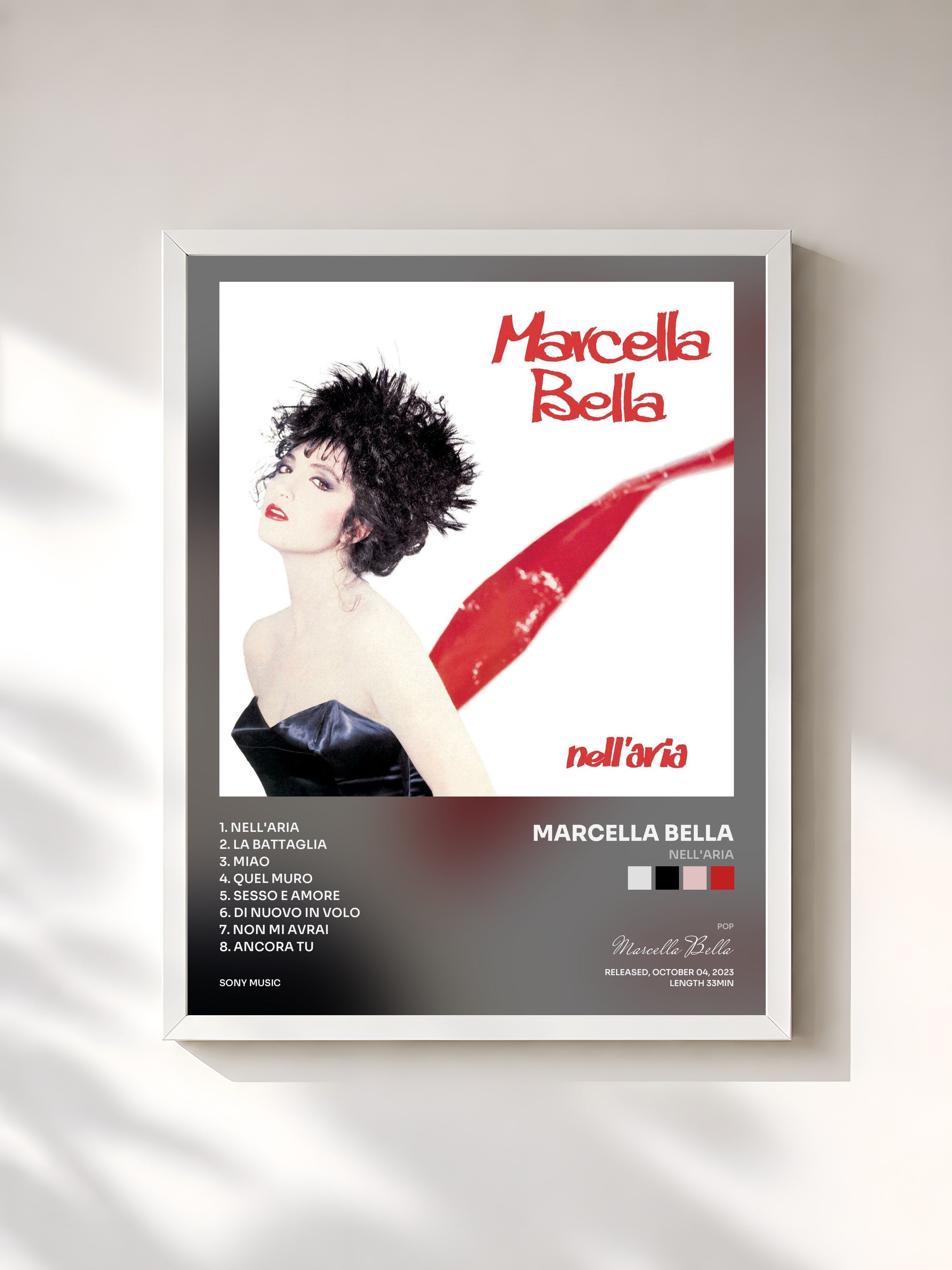 #blanc Tableau de l'album Nell'aria de Marcella Bella, cadre blanc, imprimé et encadré en France