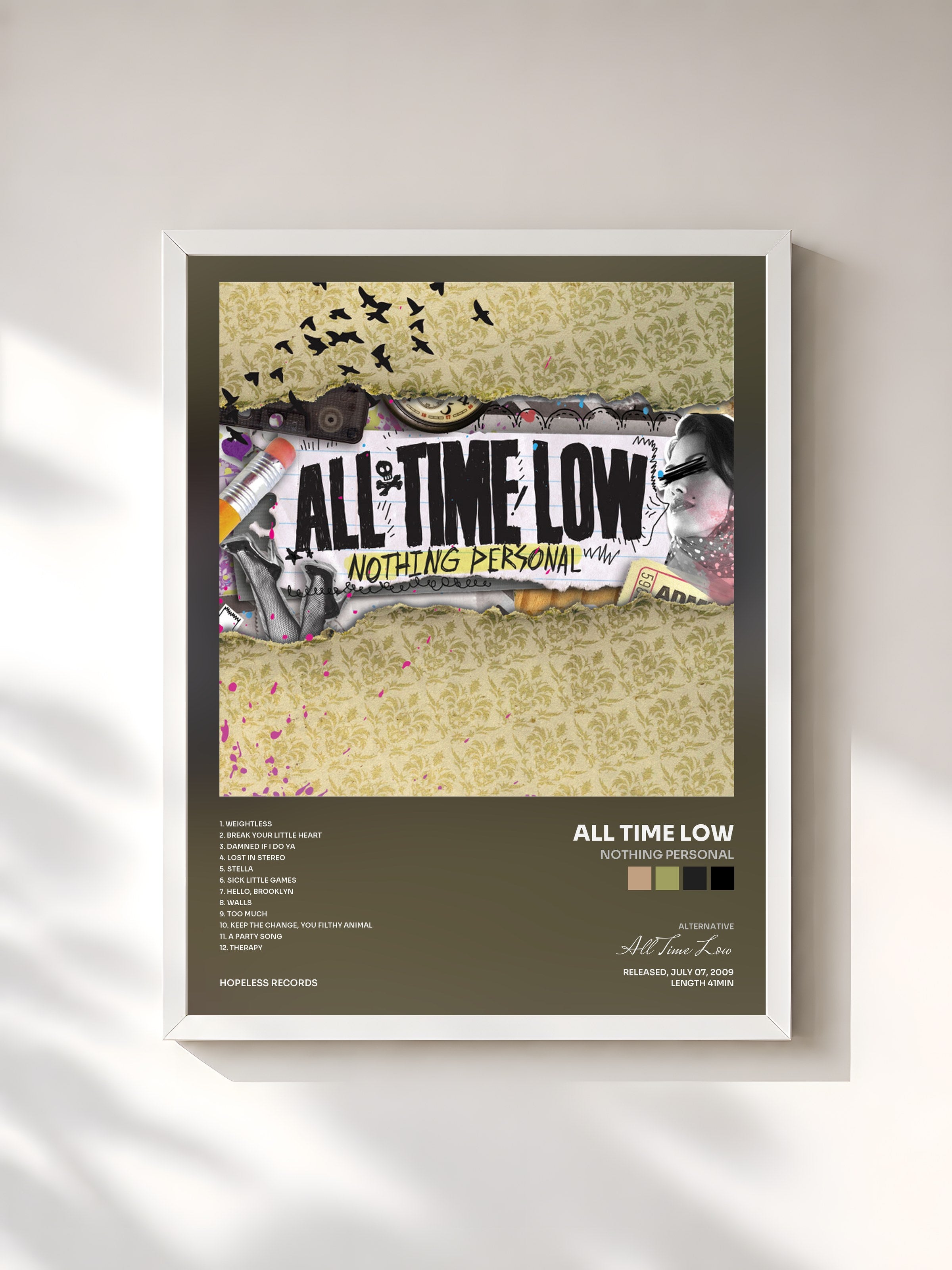 #blanc Tableau de l'album Nothing Personal de All Time Low, cadre blanc, imprimé et encadré en France