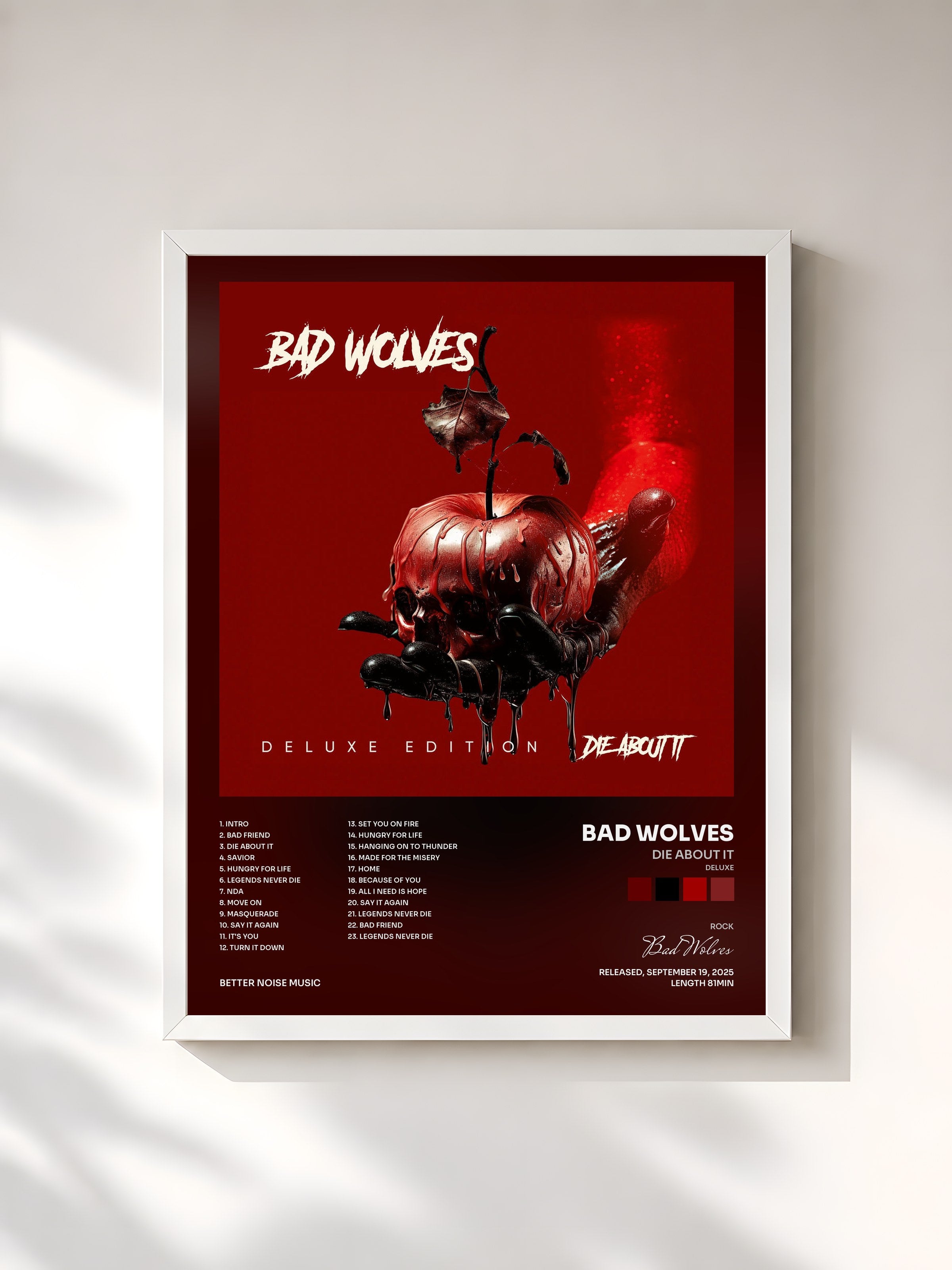 #blanc Tableau de l'album Die About It (Deluxe) de Bad Wolves, cadre blanc, imprimé et encadré en France