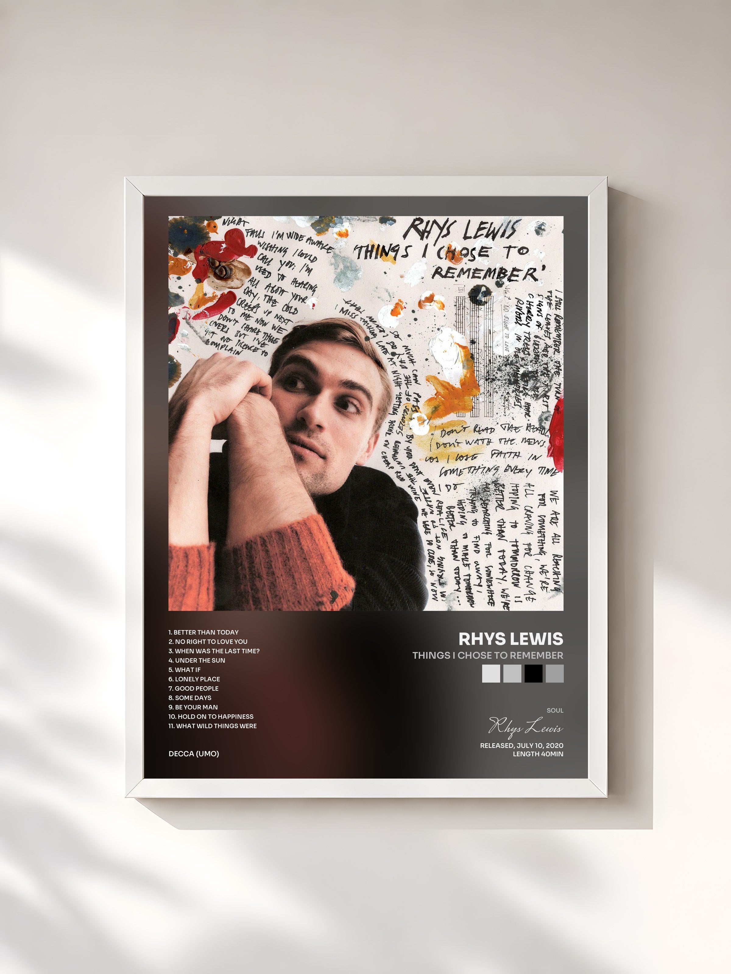 #blanc Tableau de l'album Things I Chose To Remember de Rhys Lewis, cadre blanc, imprimé et encadré en France