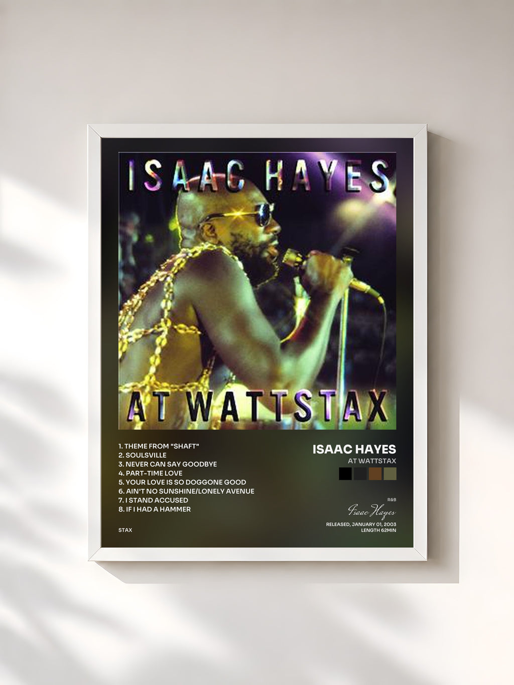 #blanc Tableau de l'album At Wattstax de Isaac Hayes, cadre blanc, imprimé et encadré en France