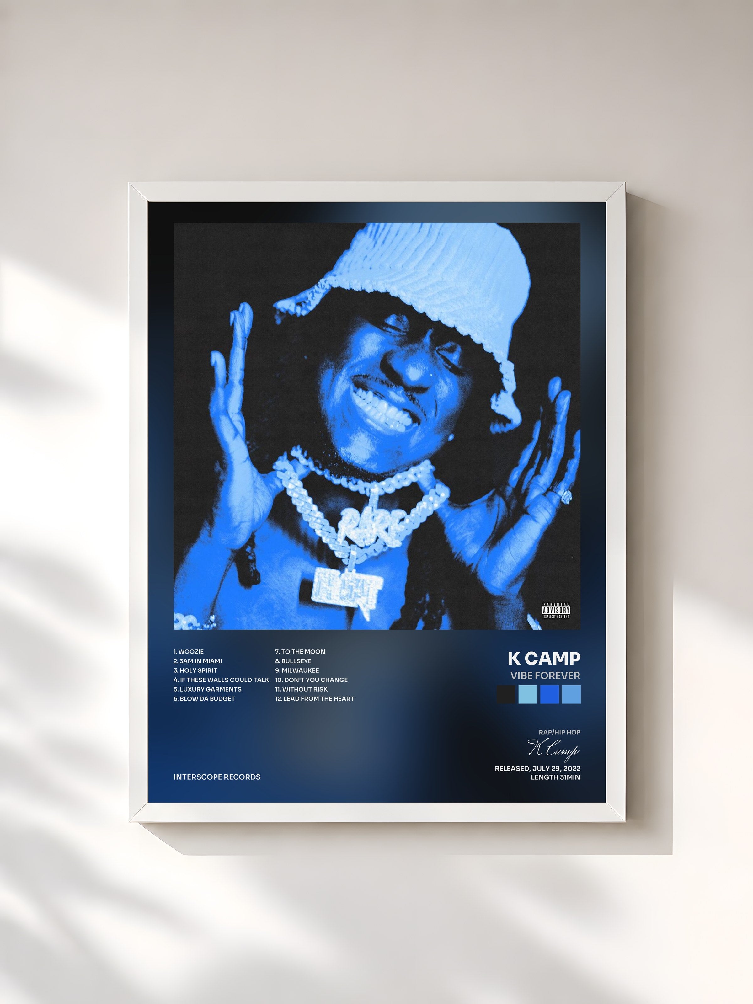 #blanc Tableau de l'album Vibe Forever de K Camp, cadre blanc, imprimé et encadré en France