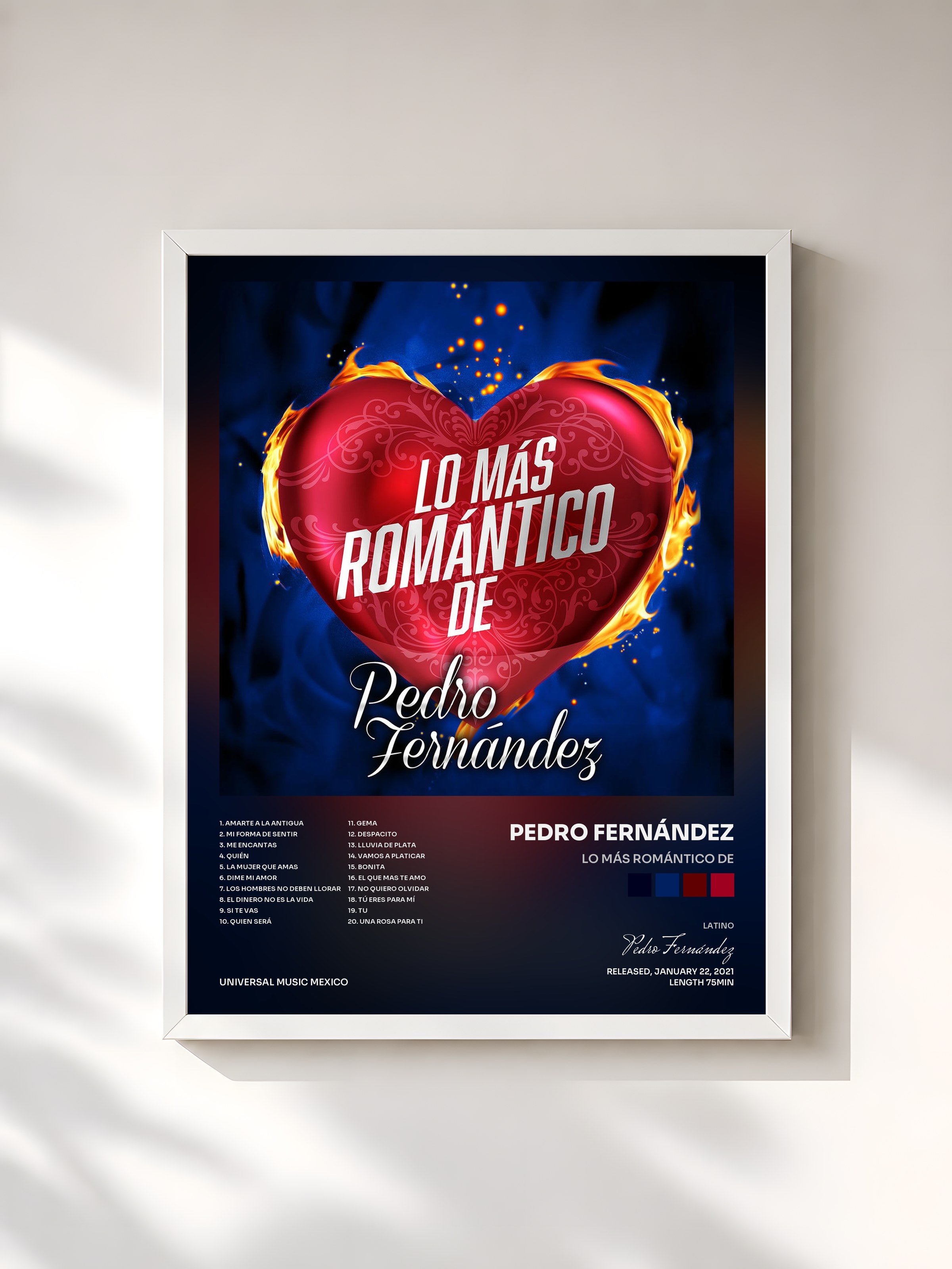 #blanc Tableau de l'album Lo Más Romántico De de Pedro Fernández, cadre blanc, imprimé et encadré en France