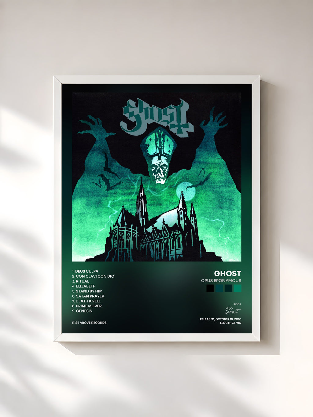 #blanc Tableau de l'album Opus Eponymous de Ghost, cadre blanc, imprimé et encadré en France