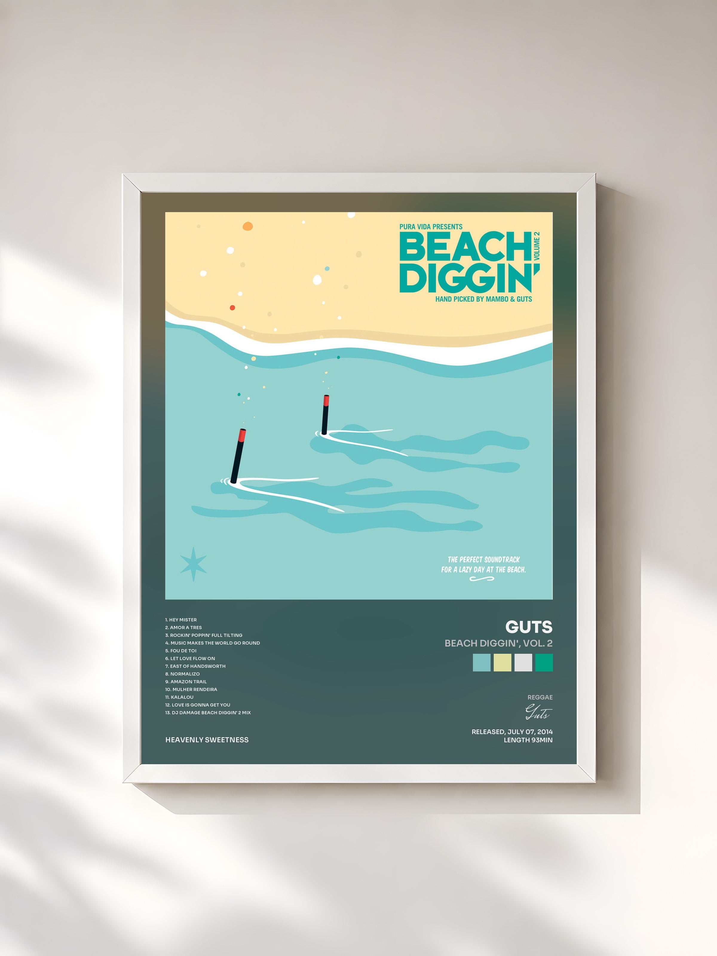 #blanc Tableau de l'album Beach Diggin', Vol. 2 de Guts, cadre blanc, imprimé et encadré en France