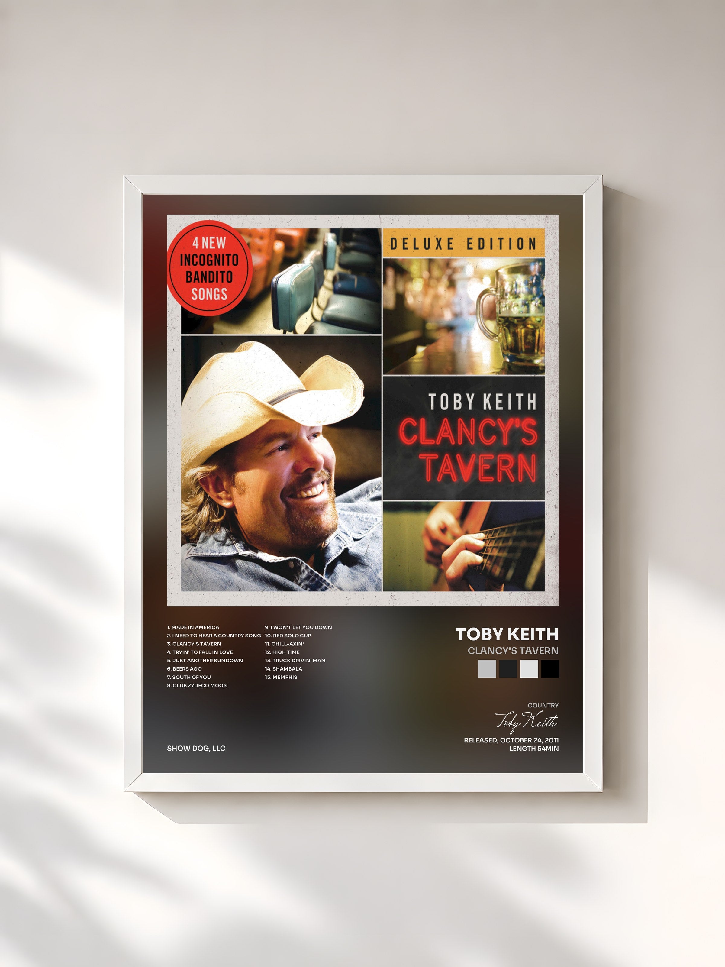 #blanc Tableau de l'album Clancy's Tavern de Toby Keith, cadre blanc, imprimé et encadré en France
