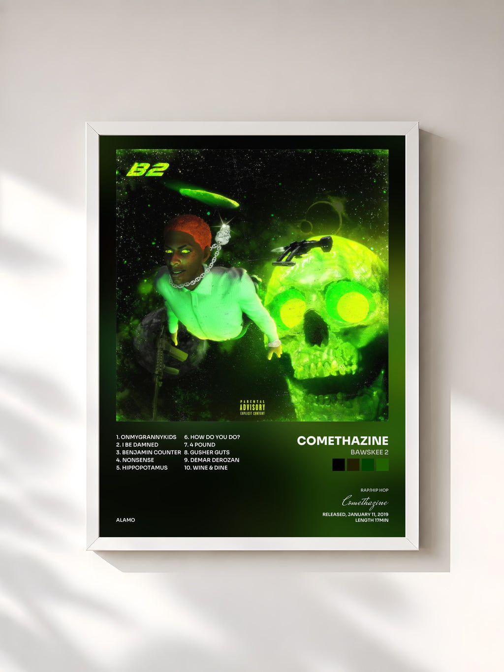 #blanc Tableau de l'album Bawskee 2 de Comethazine, cadre blanc, imprimé et encadré en France