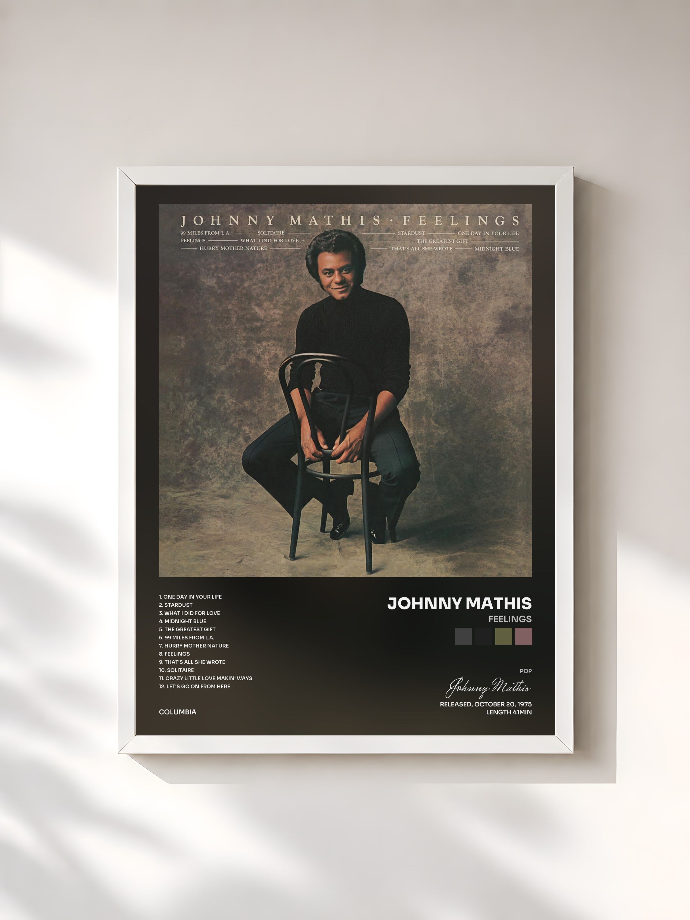 #blanc Tableau de l'album Feelings de Johnny Mathis, cadre blanc, imprimé et encadré en France