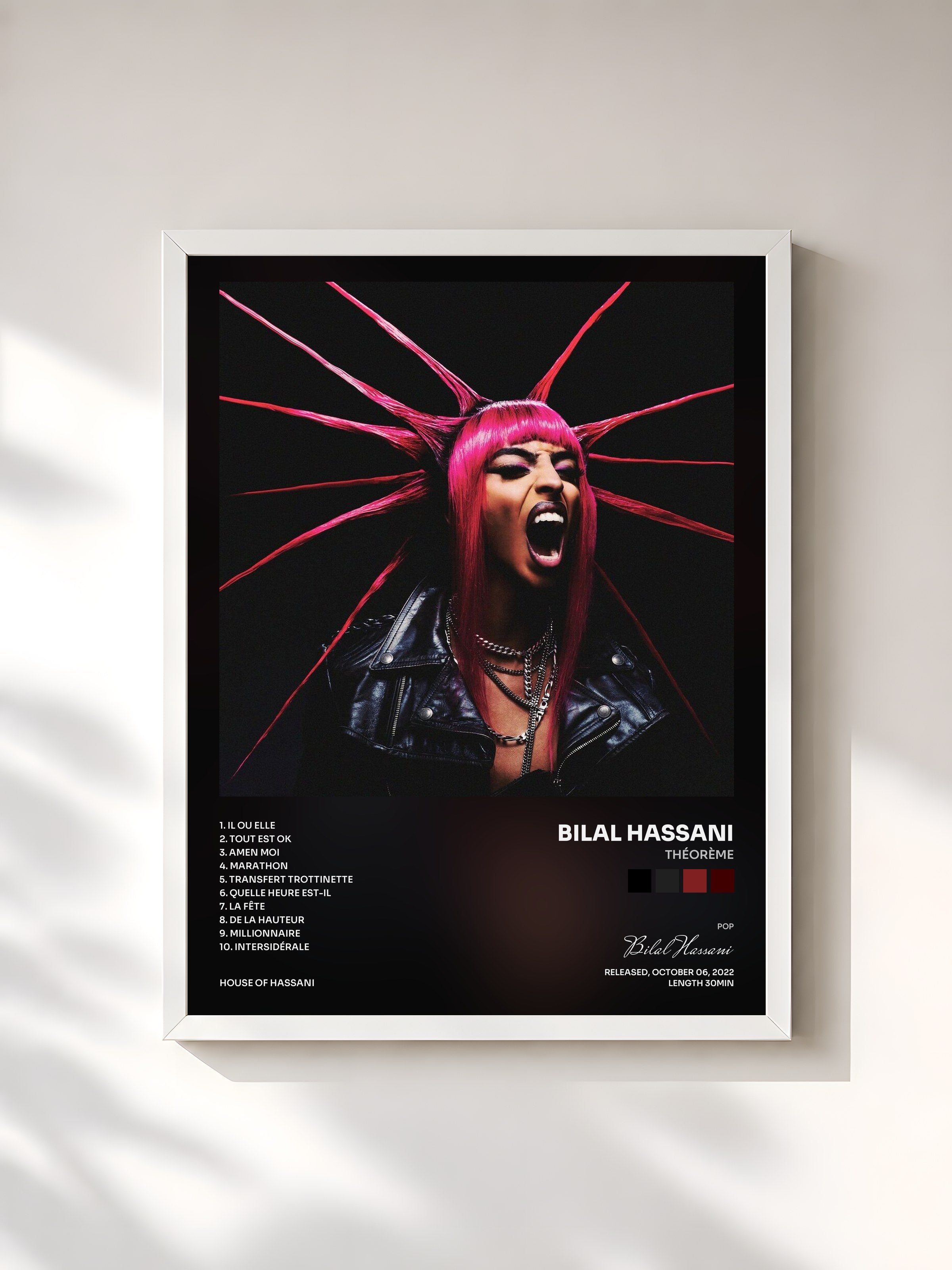 #blanc Tableau de l'album Théorème de Bilal Hassani, cadre blanc, imprimé et encadré en France