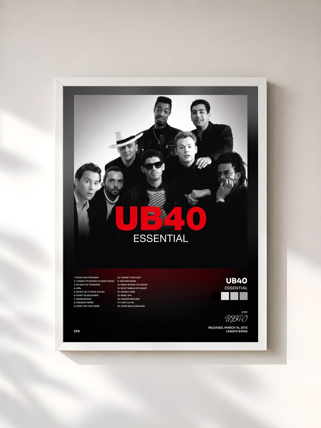 #blanc Tableau de l'album Essential de UB40, cadre blanc, imprimé et encadré en France