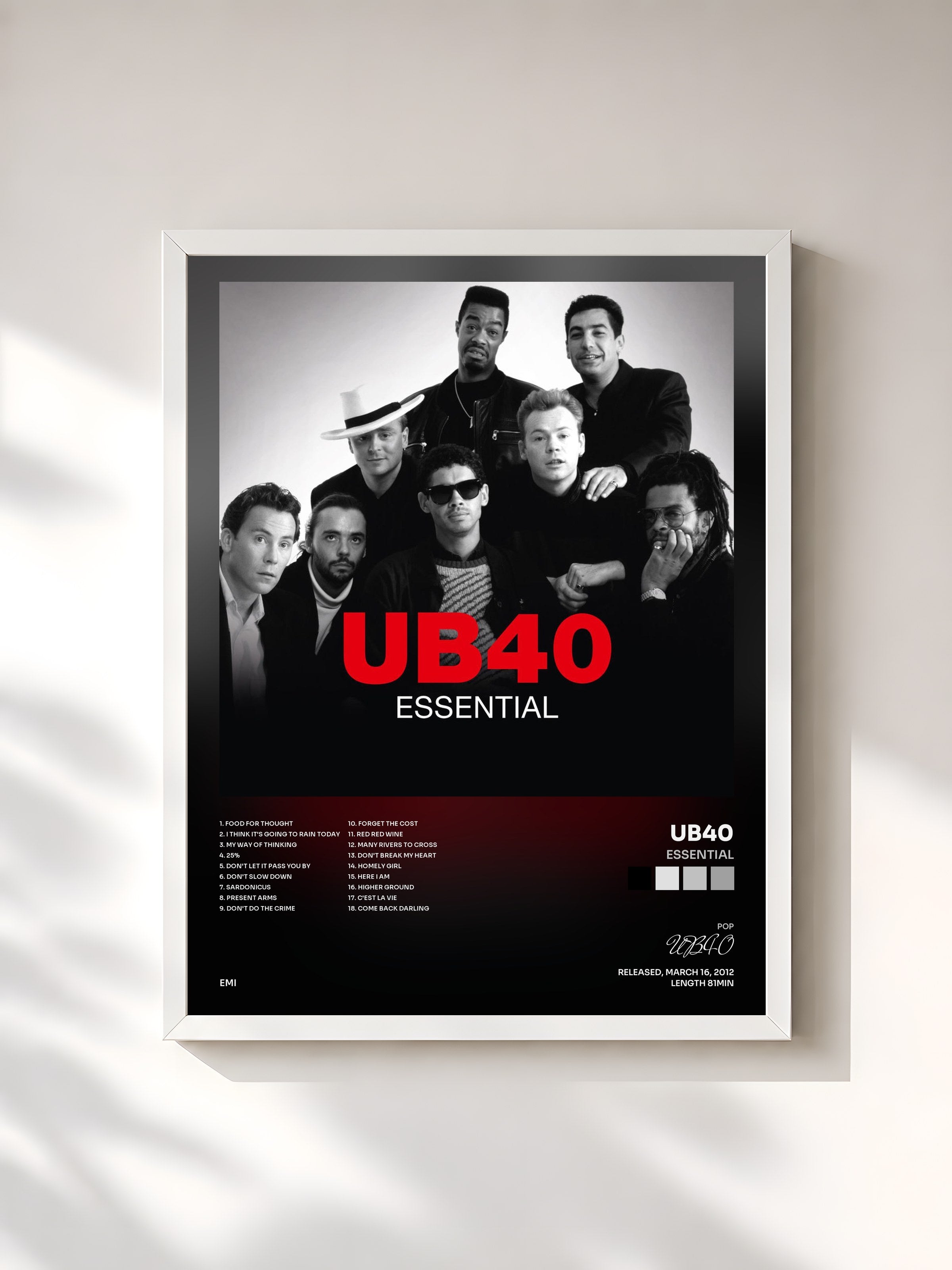 #blanc Tableau de l'album Essential de UB40, cadre blanc, imprimé et encadré en France