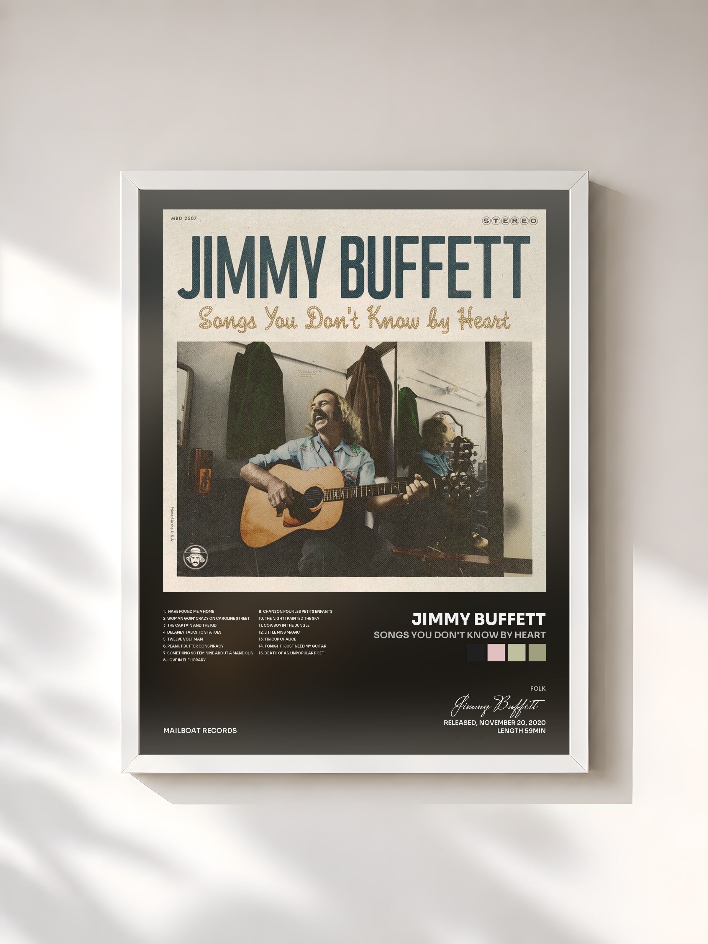 #blanc Tableau de l'album Songs You Don't Know By Heart de Jimmy Buffett, cadre blanc, imprimé et encadré en France