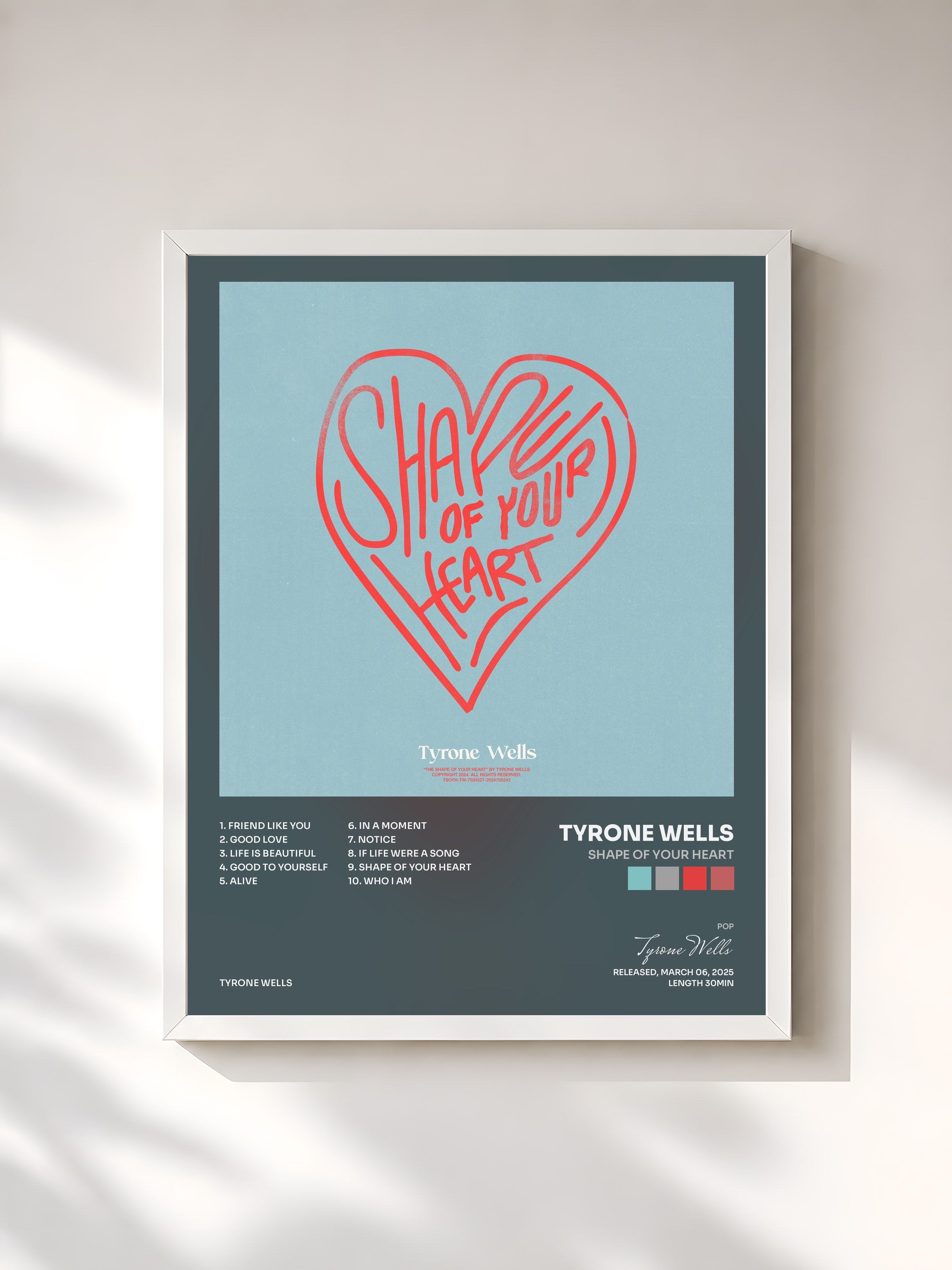 #blanc Tableau de l'album Shape of Your Heart de Tyrone Wells, cadre blanc, imprimé et encadré en France