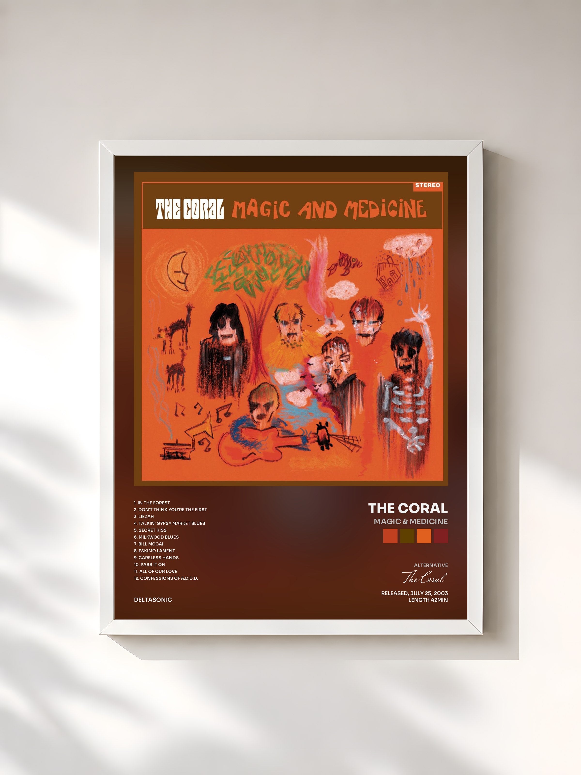 #blanc Tableau de l'album Magic & Medicine de The Coral, cadre blanc, imprimé et encadré en France