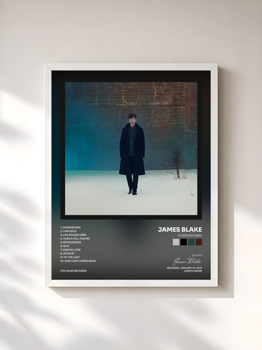 #blanc Tableau de l'album Overgrown de James Blake, cadre blanc, imprimé et encadré en France