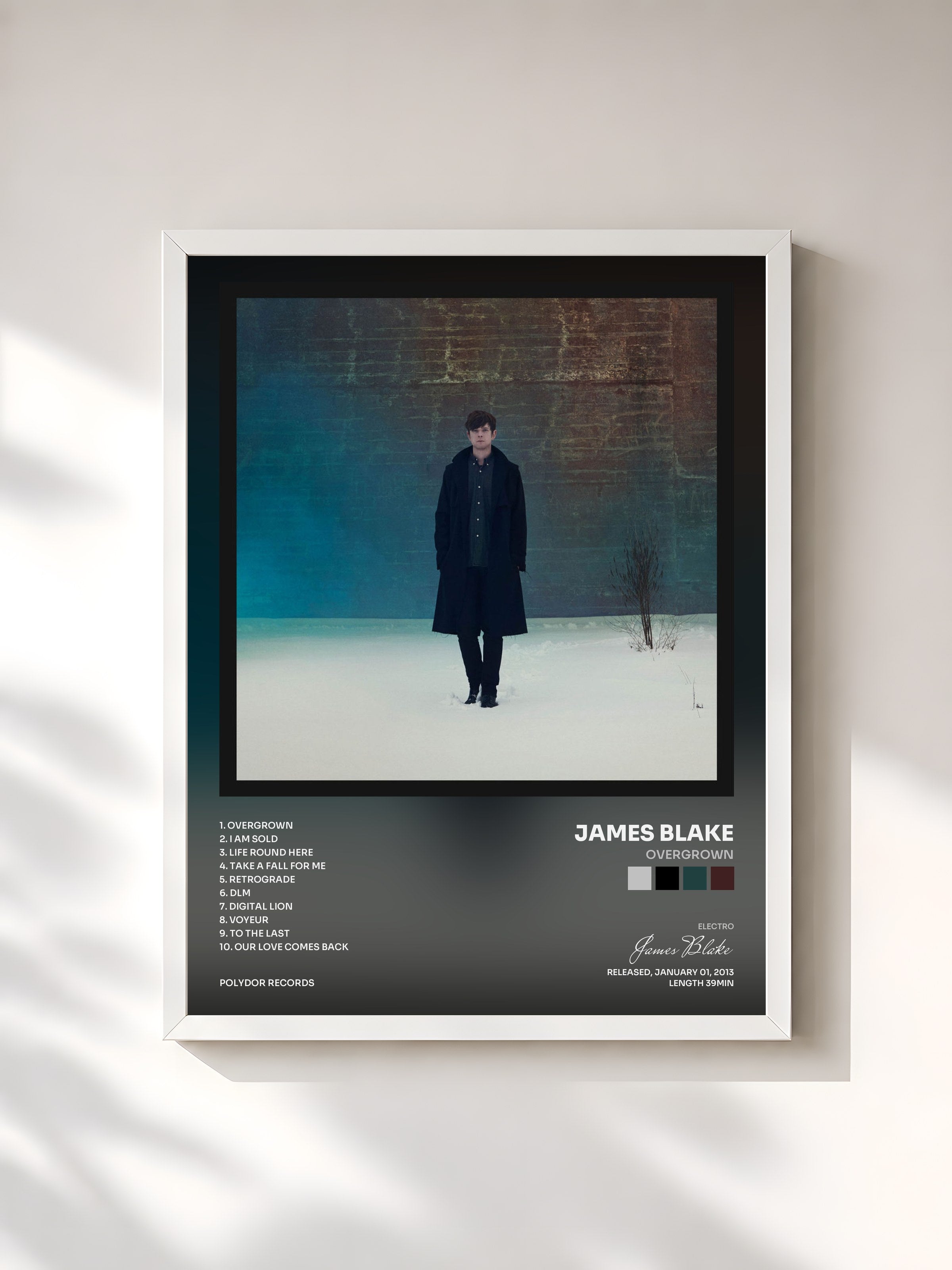 #blanc Tableau de l'album Overgrown de James Blake, cadre blanc, imprimé et encadré en France