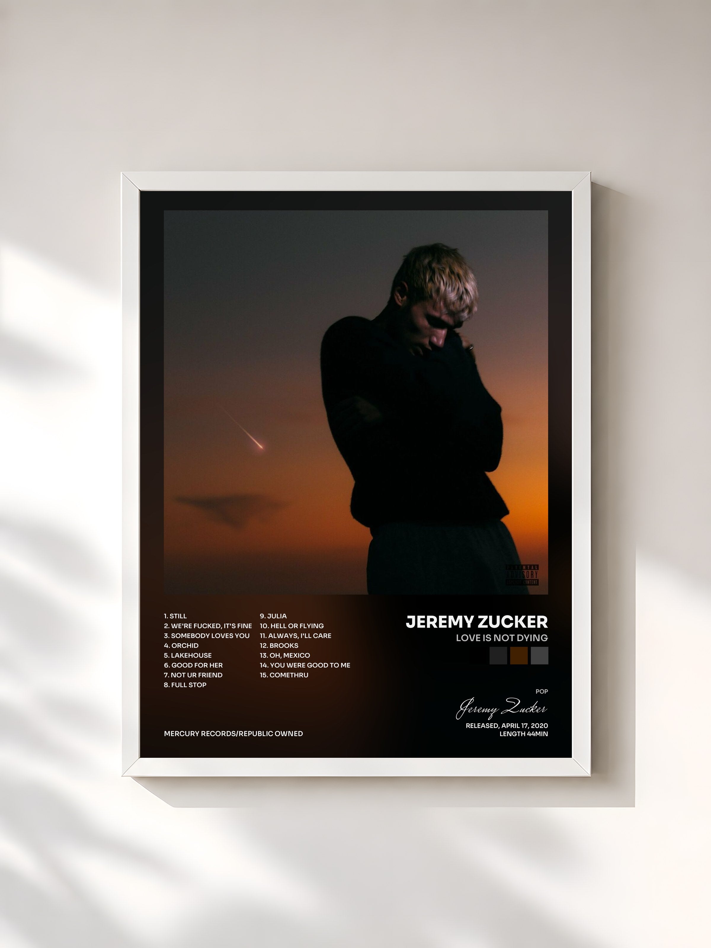 #blanc Tableau de l'album love is not dying de Jeremy Zucker, cadre blanc, imprimé et encadré en France