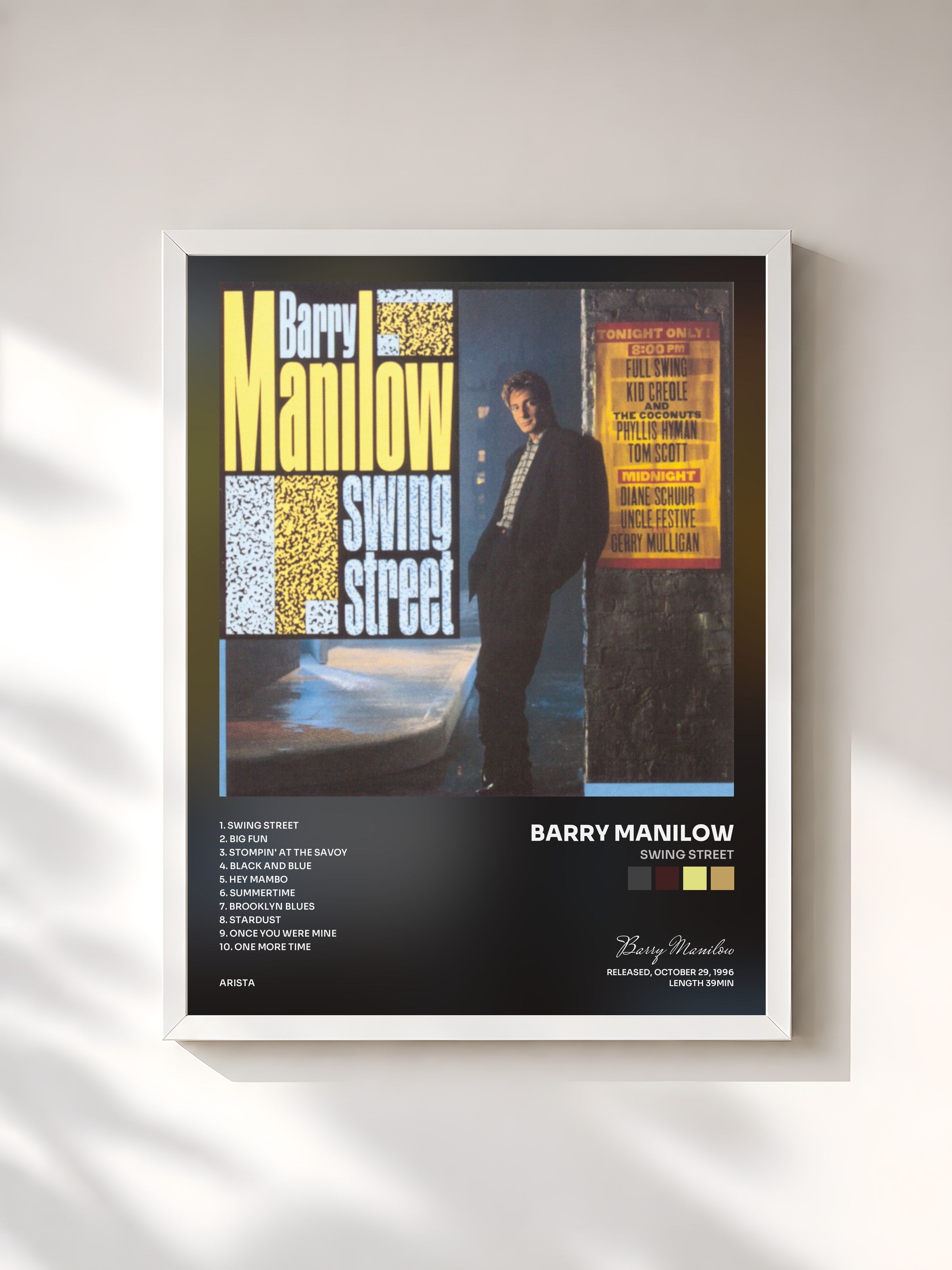 #blanc Tableau de l'album Swing Street de Barry Manilow, cadre blanc, imprimé et encadré en France