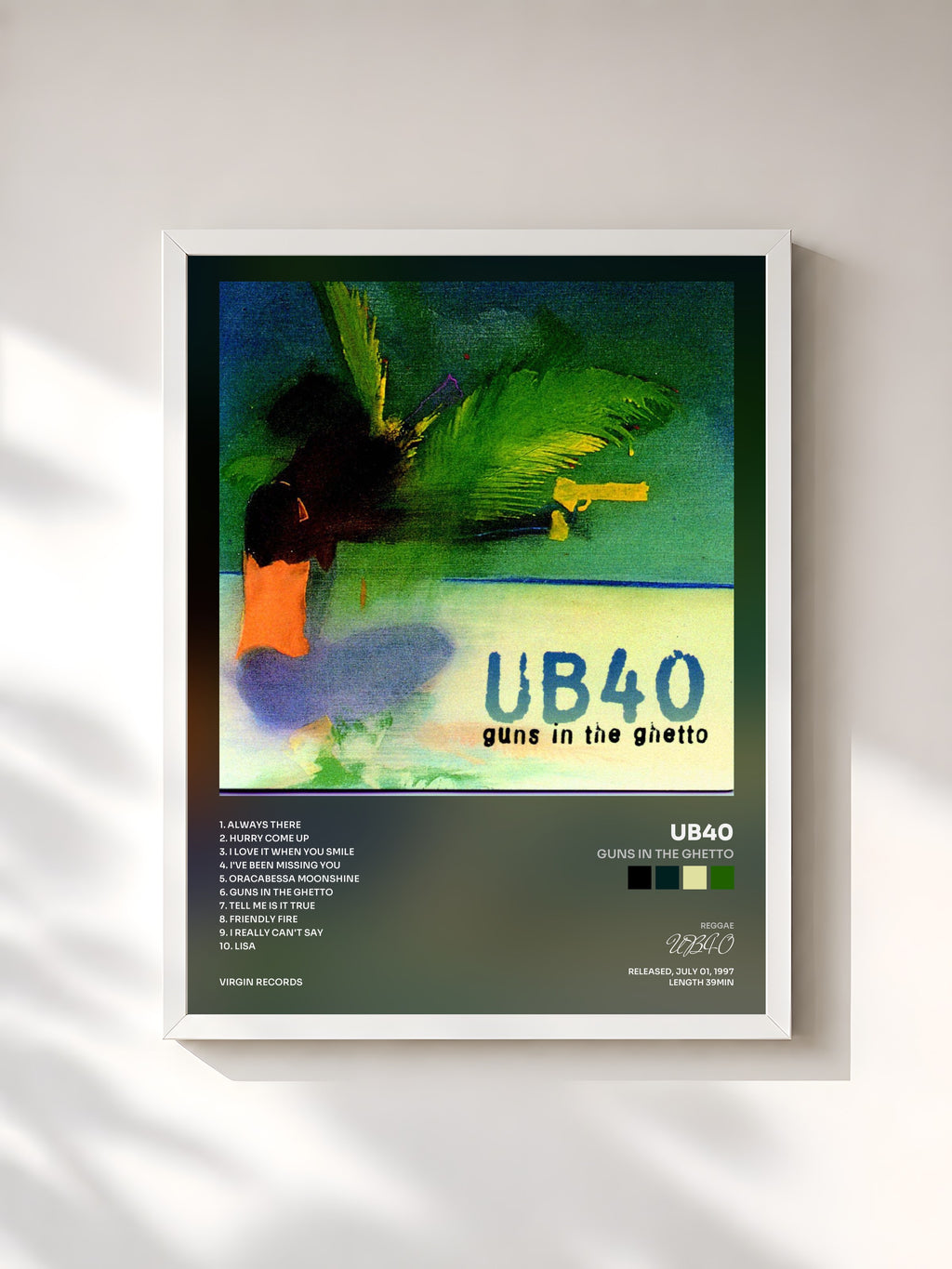 #blanc Tableau de l'album Guns In The Ghetto de UB40, cadre blanc, imprimé et encadré en France